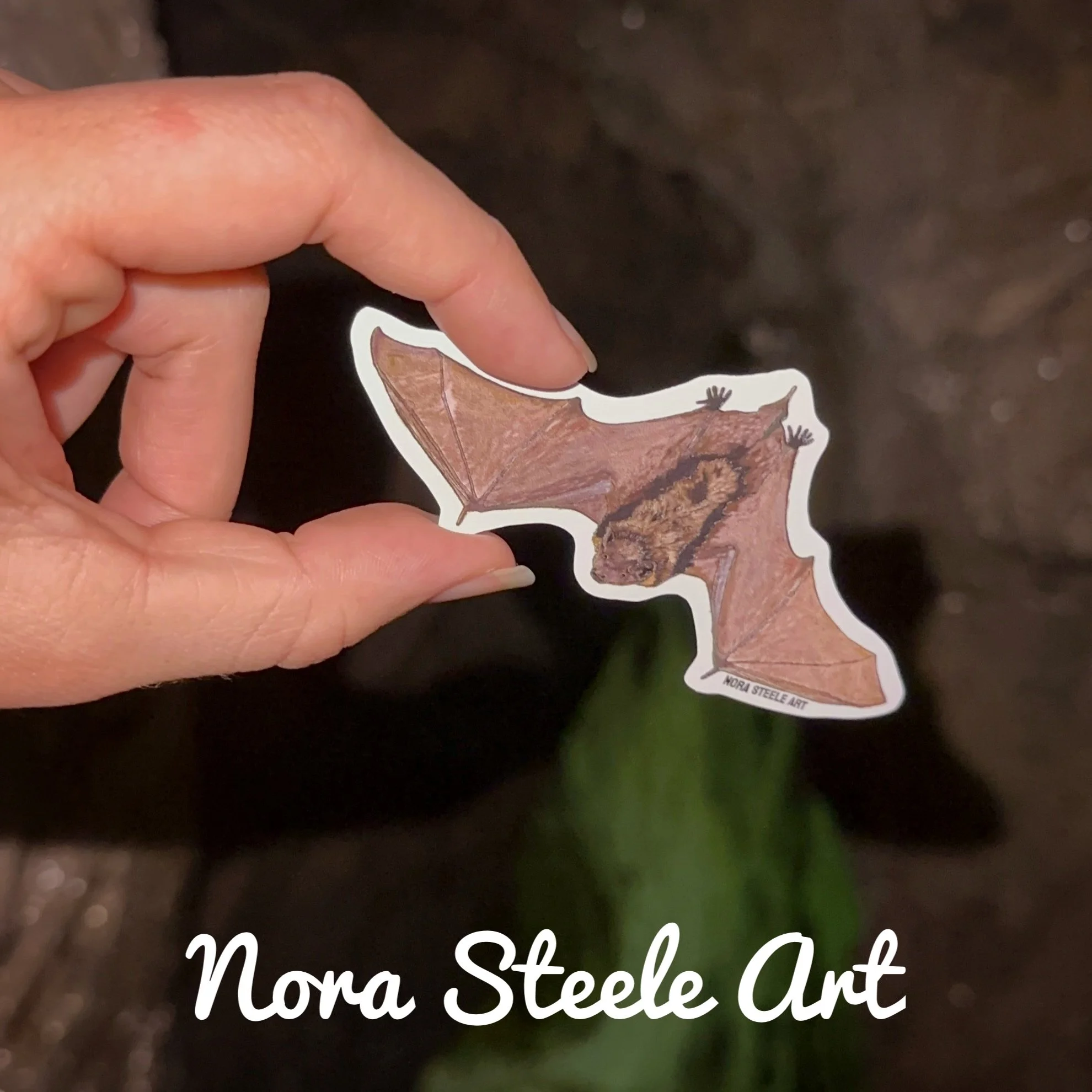 Little brown bat sticker flying in front of a tree at night