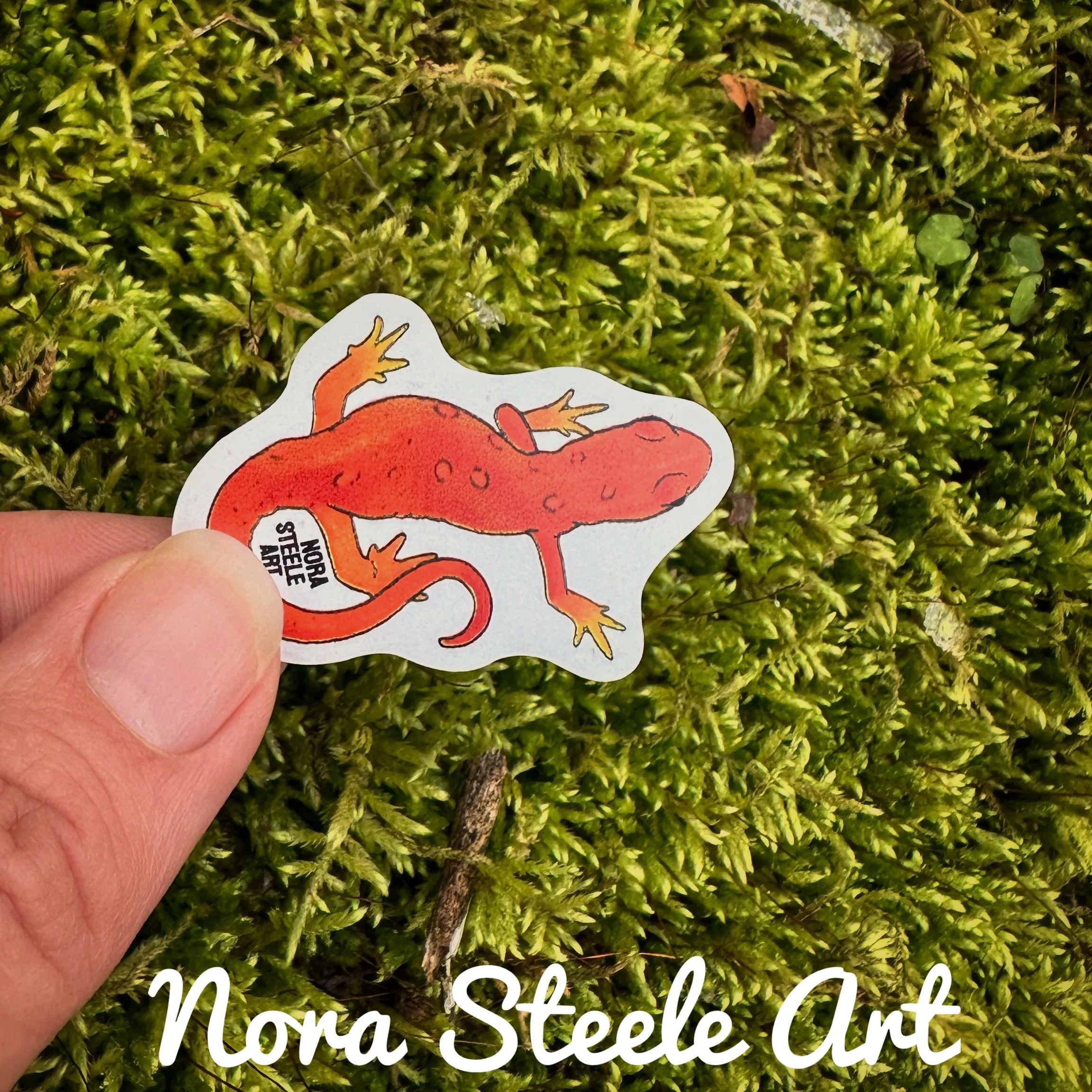 Sticker of a red eft on a background of moss