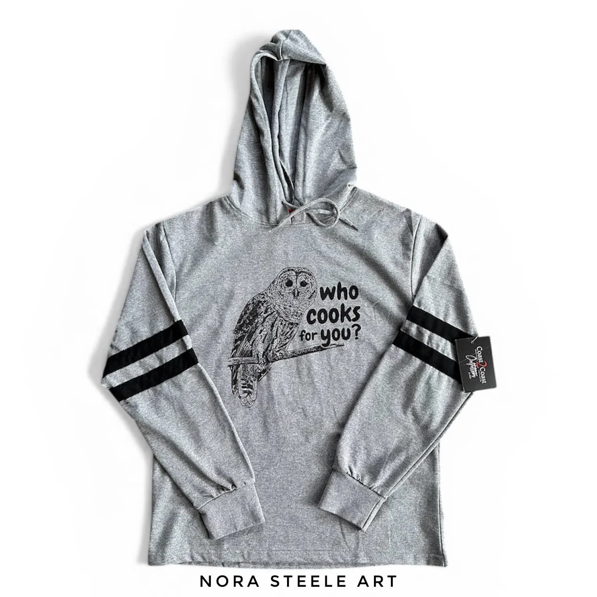 Long-sleeve shirt screenprinted with a barred owl and text saying "who cooks for you?"
