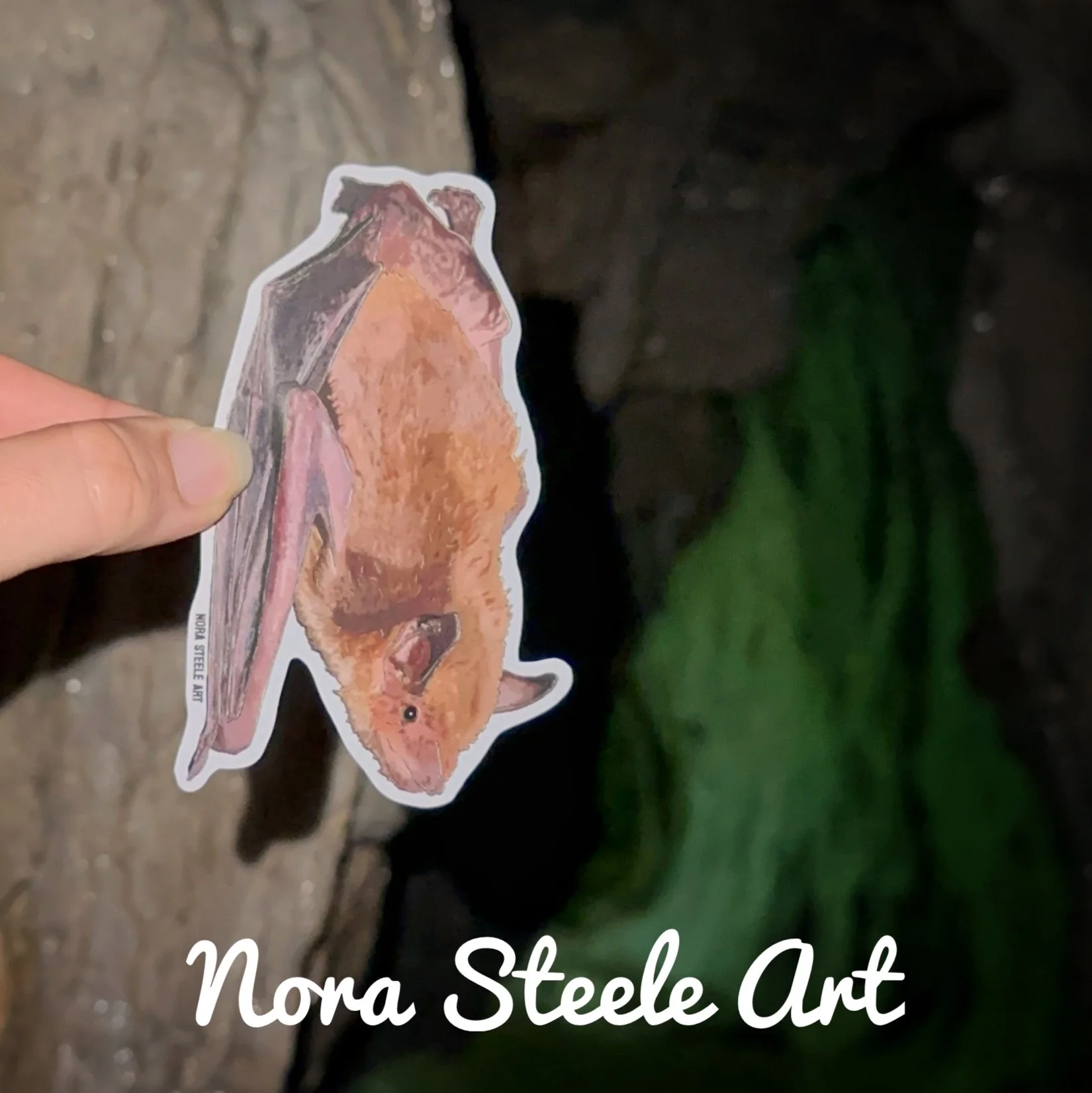 little brown bat sticker hanging on a tree at night