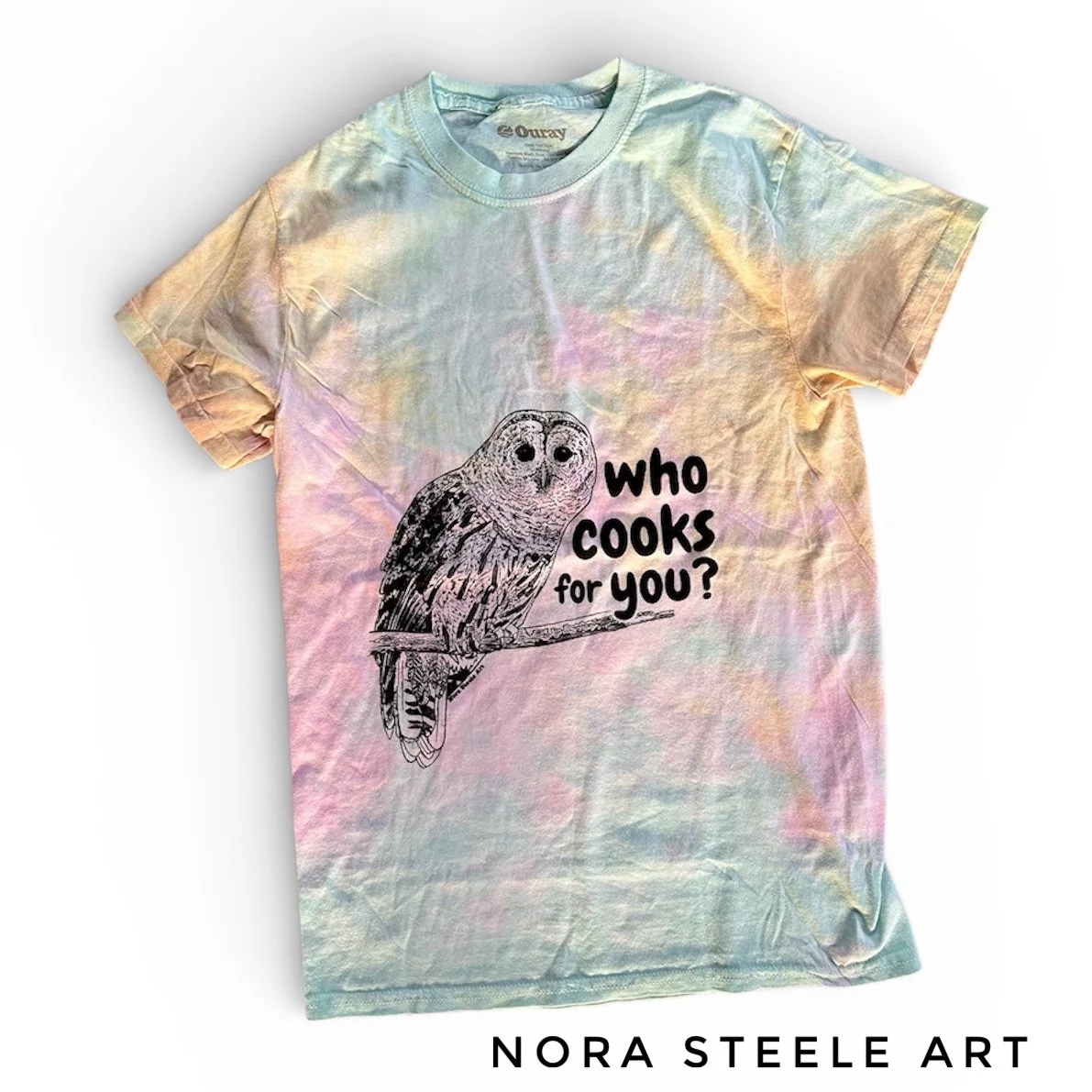 T-shirt screenprinted with a barred owl and text saying "who cooks for you?"