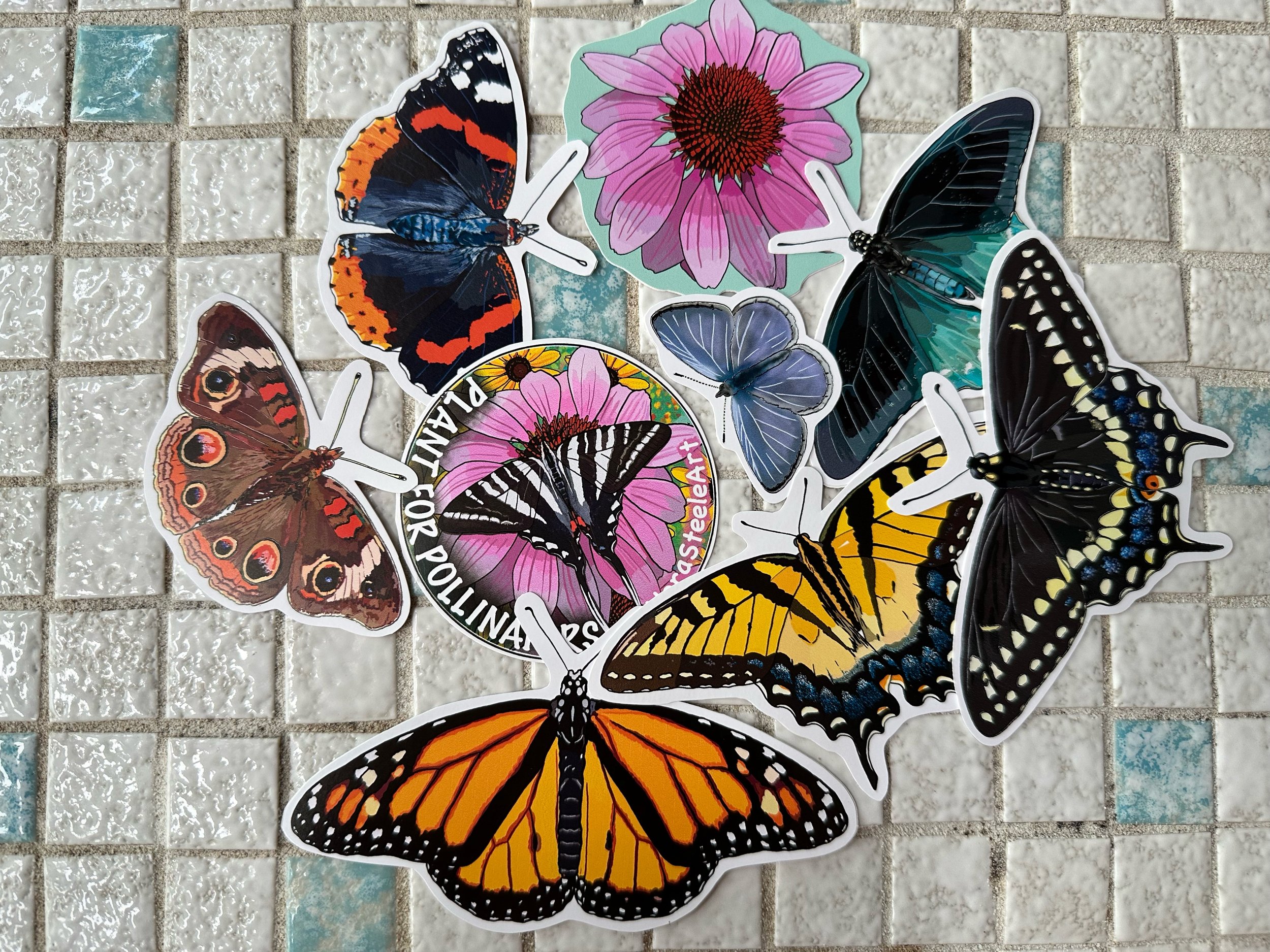 Garden butterflies sticker pack with all the stickers spread out