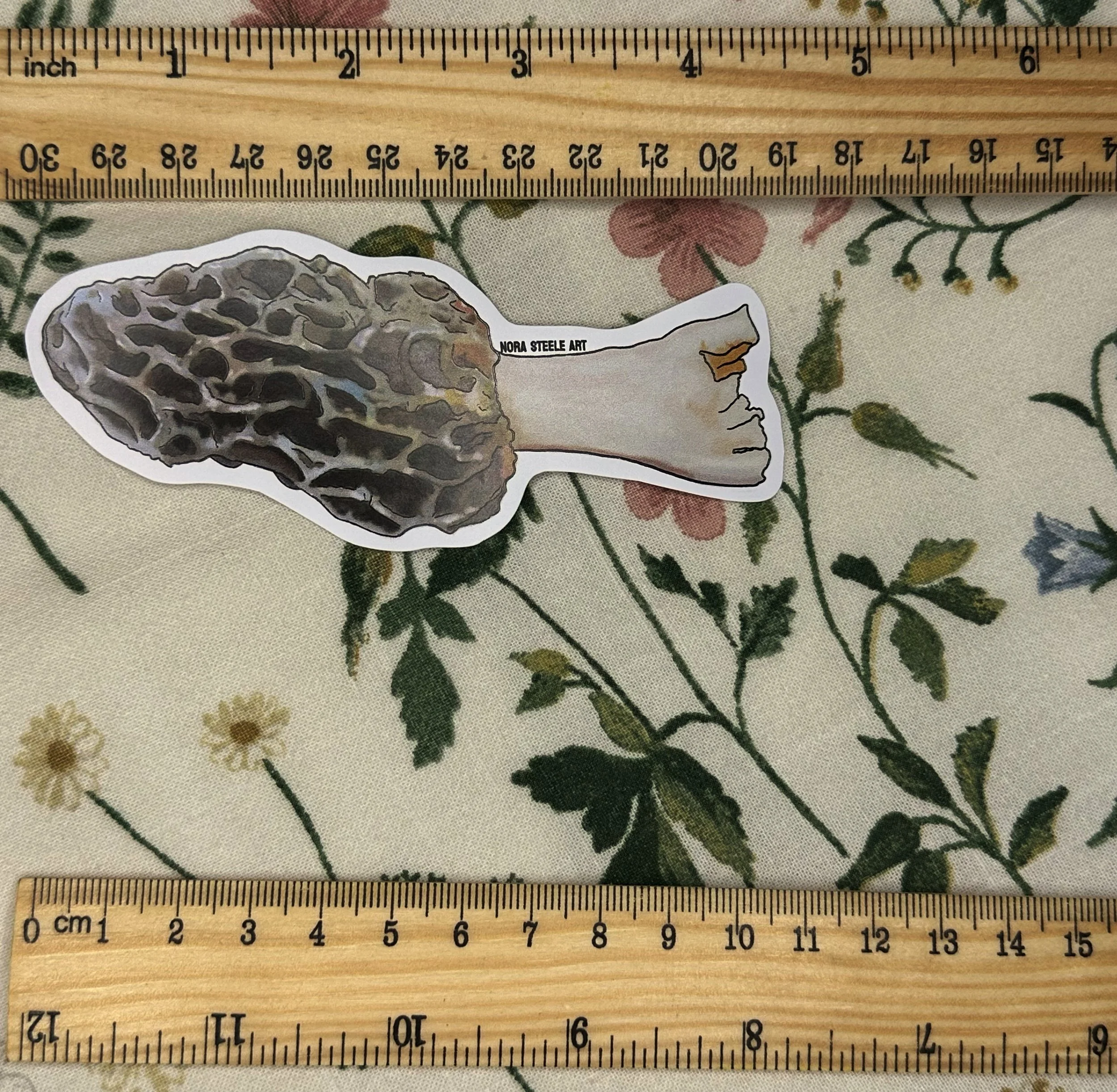 Morel mushroom sticker measuring about 4 1/2 inches long