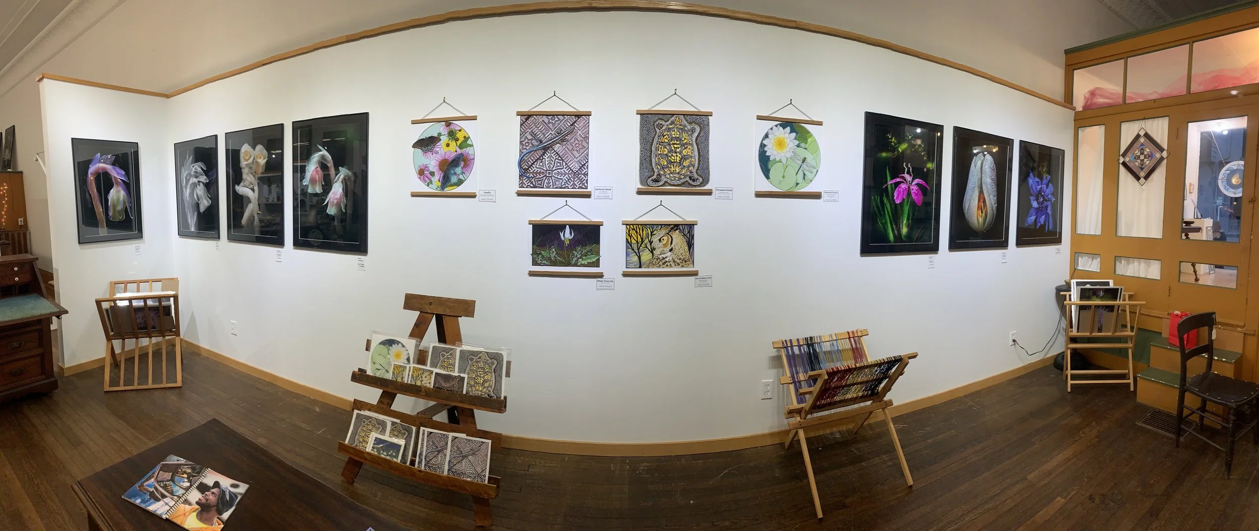 Art gallery with framed and hanging artwork of flowers, animals, and abstract patterns, wooden furniture, and a hardwood floor.