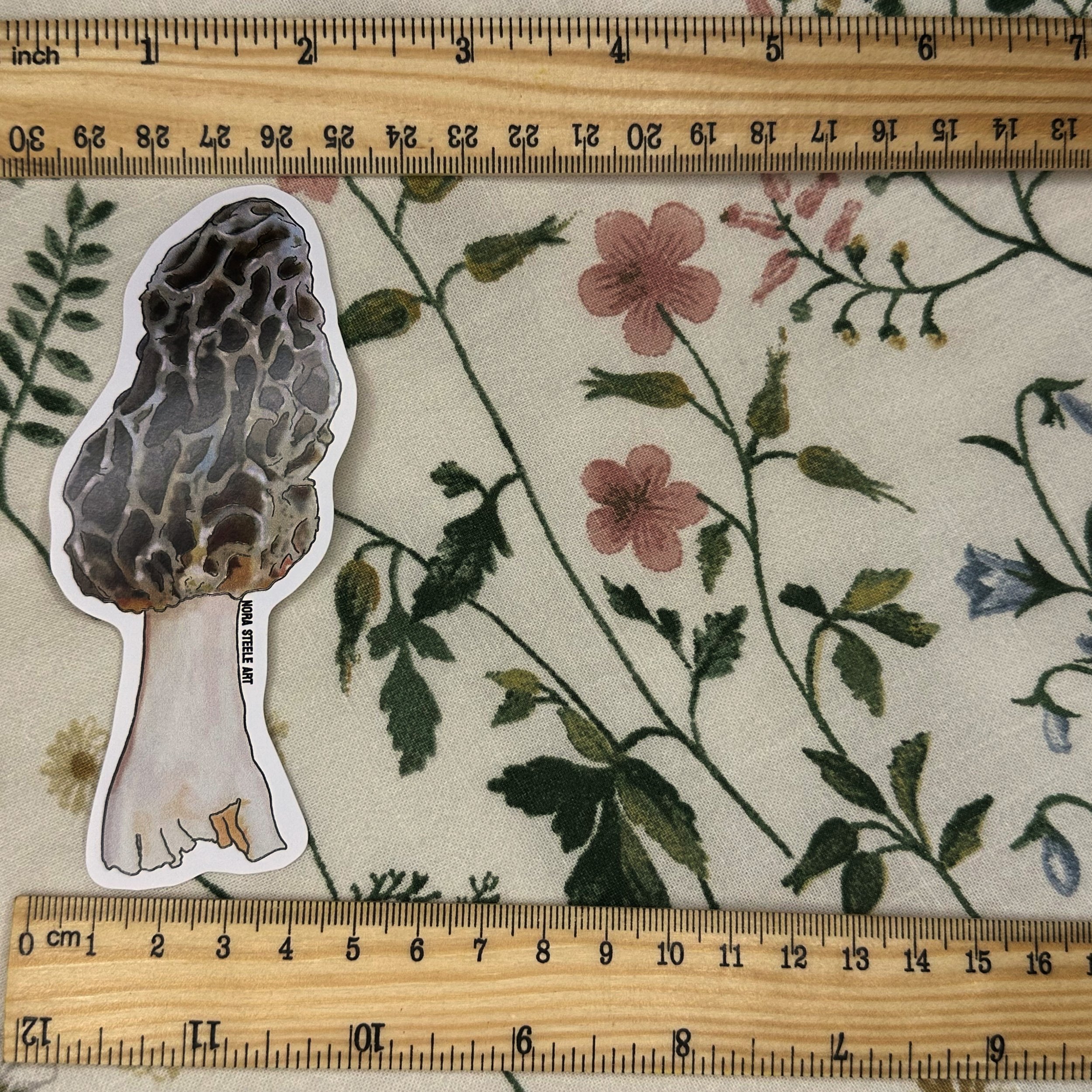 Morel mushroom sticker measuring about 1 1/2 inches wide