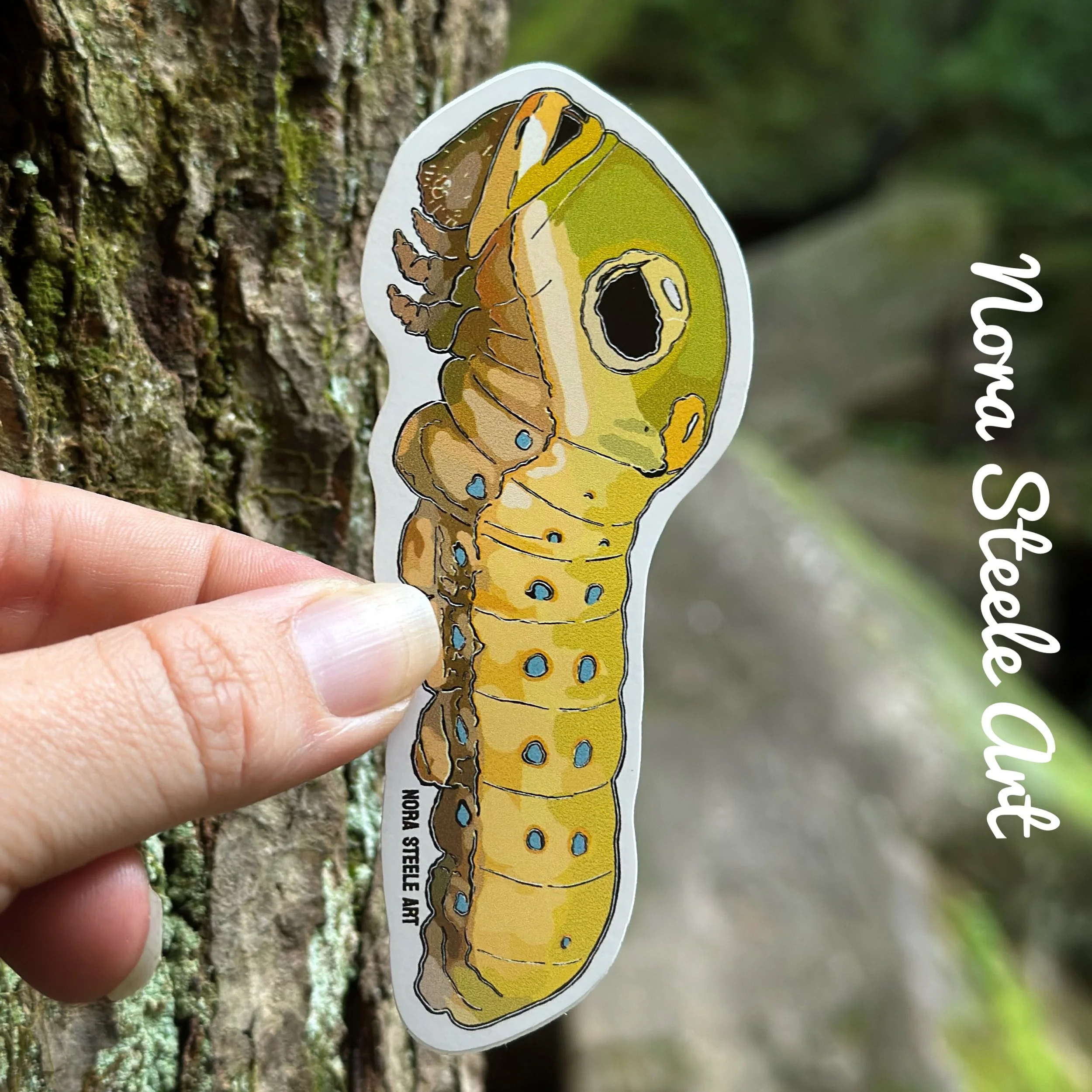 Spicebush swallowtail caterpillar sticker crawling up a tree