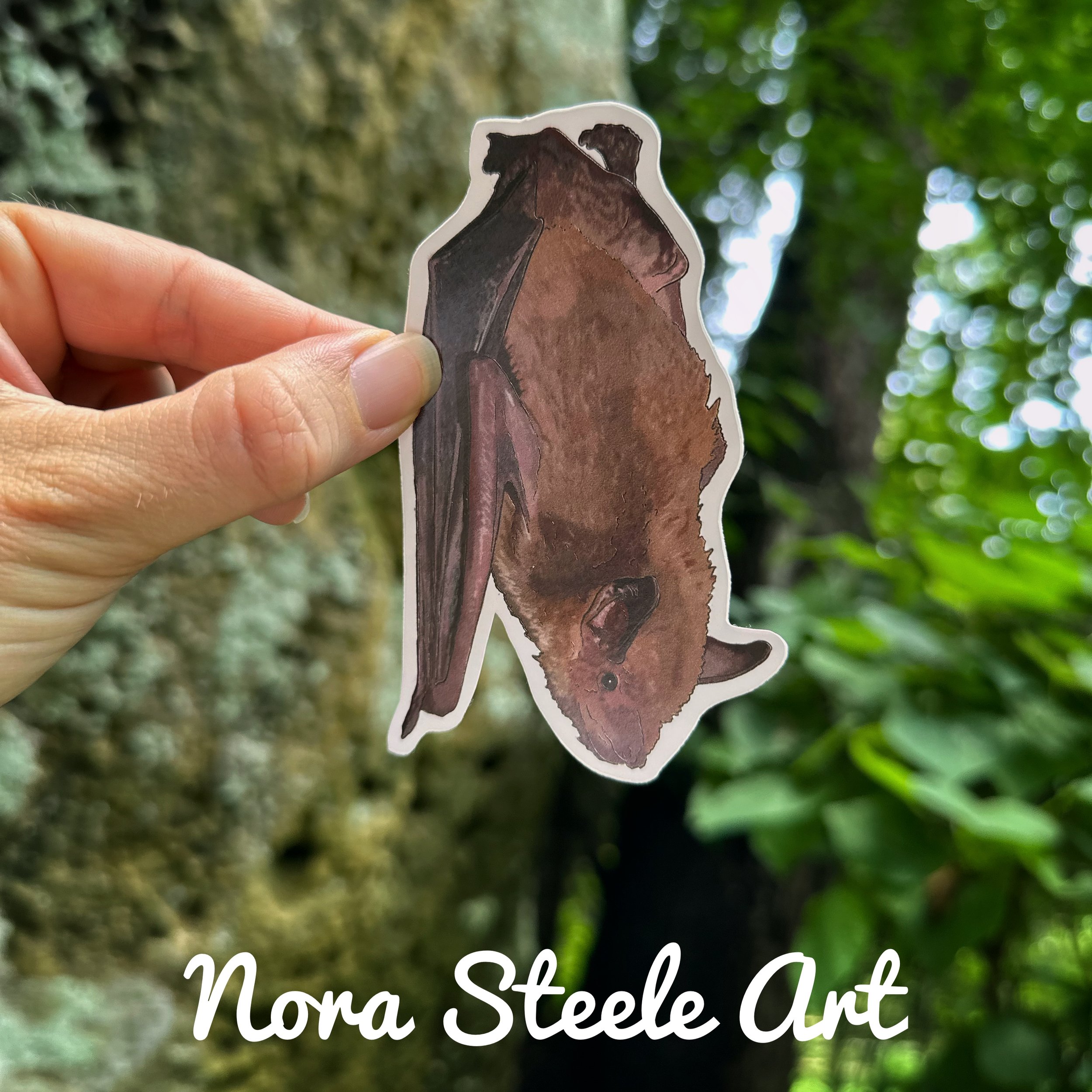 little brown bat sticker hanging on a tree during the day