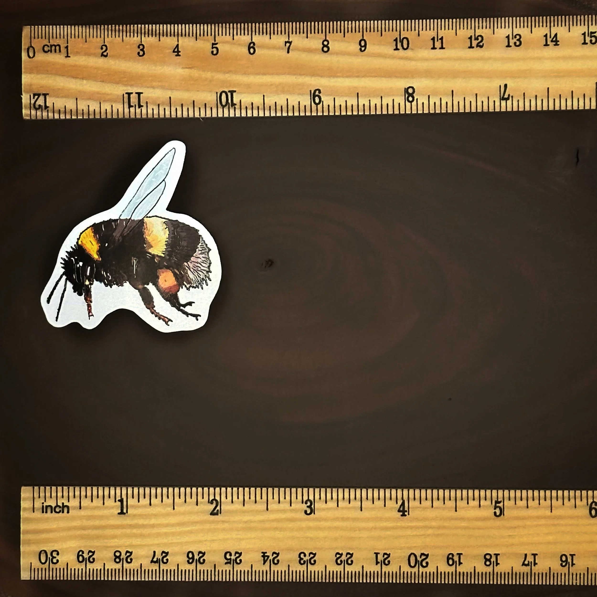 Bumblebee sticker measuring about 2 inches long