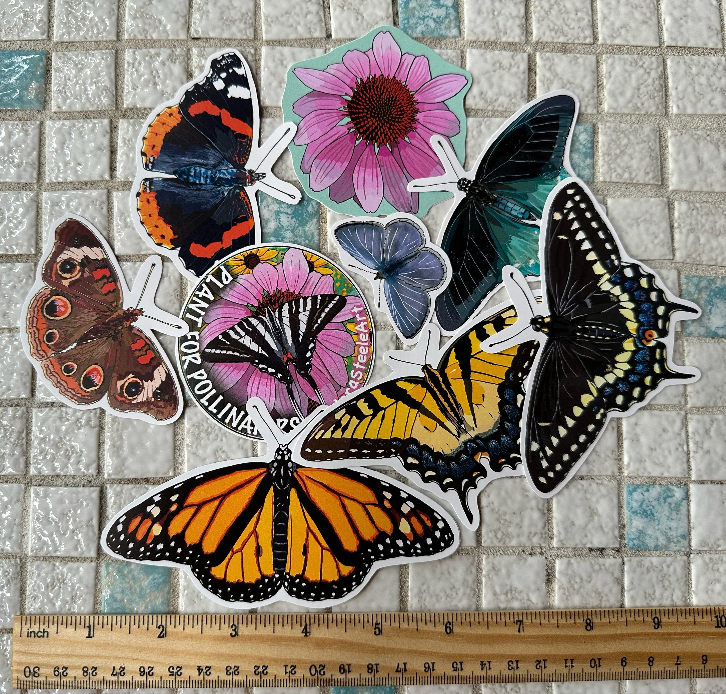 Garden butterflies sticker pack with a ruler for scale