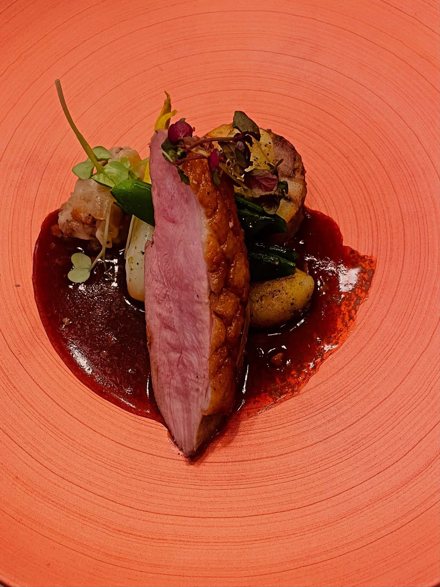 Magret de canard, jus van gefermenteerde knoflook, confit van eend met opperdoezer ronde, sugersnaps