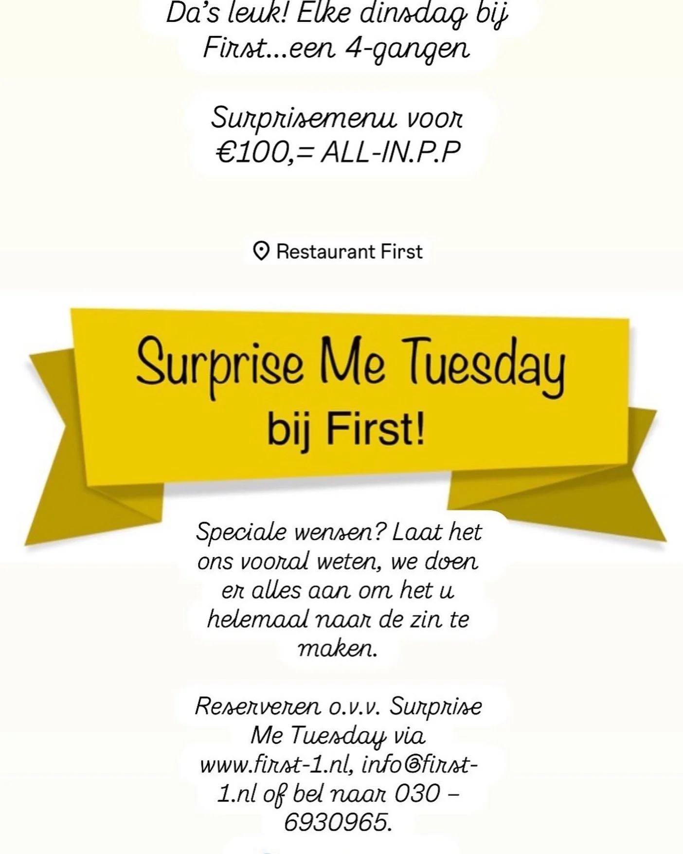 Morgen is het weer dinsdag &ldquo;verwendag&rdquo; vergeet niet te reserveren. www.first-1.nl tot morgen