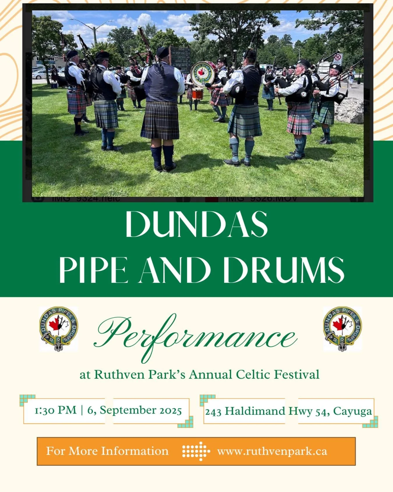 Dundas Pipe and Drums &ndash; Live at the Celtic Festival! 🎵🏴󠁧󠁢󠁳󠁣󠁴󠁿
Join us for a 30-minute performance at 1:30 PM where they will be bringing the energy and tradition of bagpiping to life! 🥁✨

Visit their booth to learn more about the group