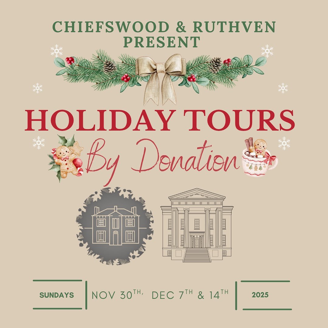 🎄✨ Holiday Tours by Donation: Chiefswood &amp; Ruthven Park ✨🎄 

November 30, December 7 &amp; 14 

Guided tours every hour from 11AM&ndash;4PM 

Admission: &ldquo;Give what you can&rdquo; food donation per family, per site

Celebrate the season wi