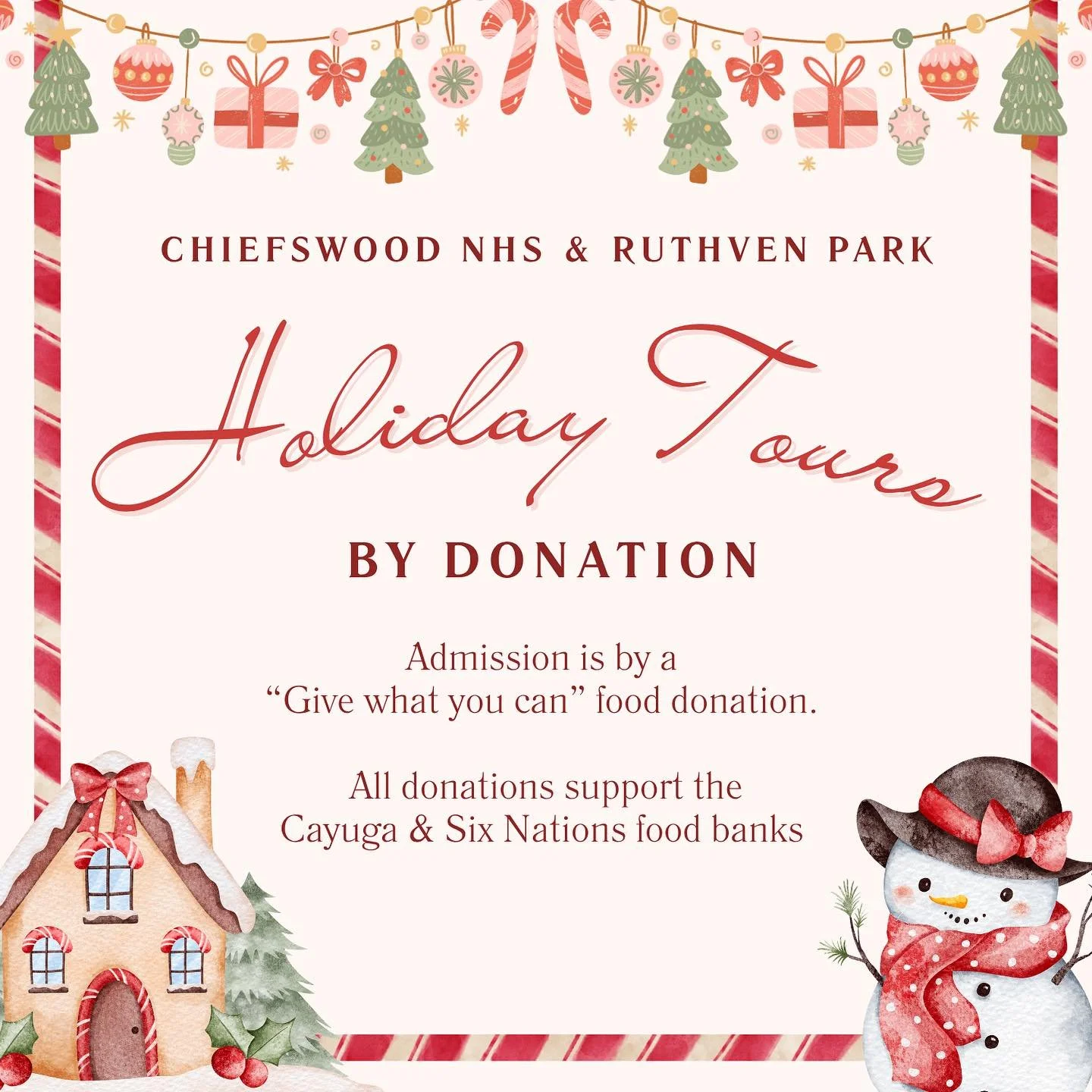 Holiday Tours by Donation: Chiefswood NHS &amp; Ruthven Park 
🎄❄️☃️

November 30, December 7, December 14 
Tours on the hour, 11AM&ndash;4PM 
Admission: Non-perishable food donation per family, per location

Step into the magic of the season with a 