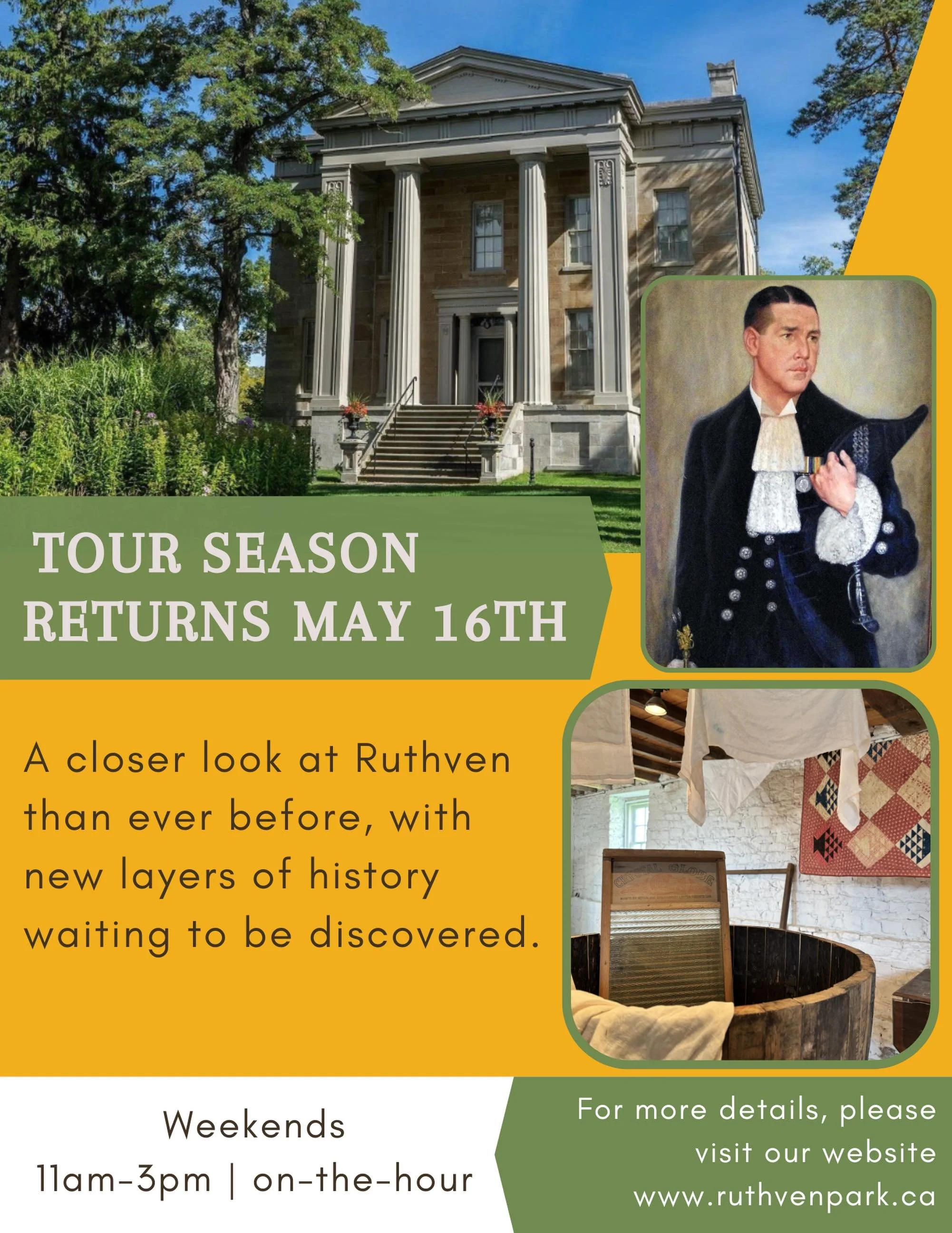 🏛️ Tour Season Begins Victoria Day Weekend | May 16th
🕚 Weekends | 11am&ndash;3pm | On-the-hour

Step inside Ruthven Park and explore the Thompson family&rsquo;s stories woven throughout the historic estate.

Included with the Historic Mansion Tour