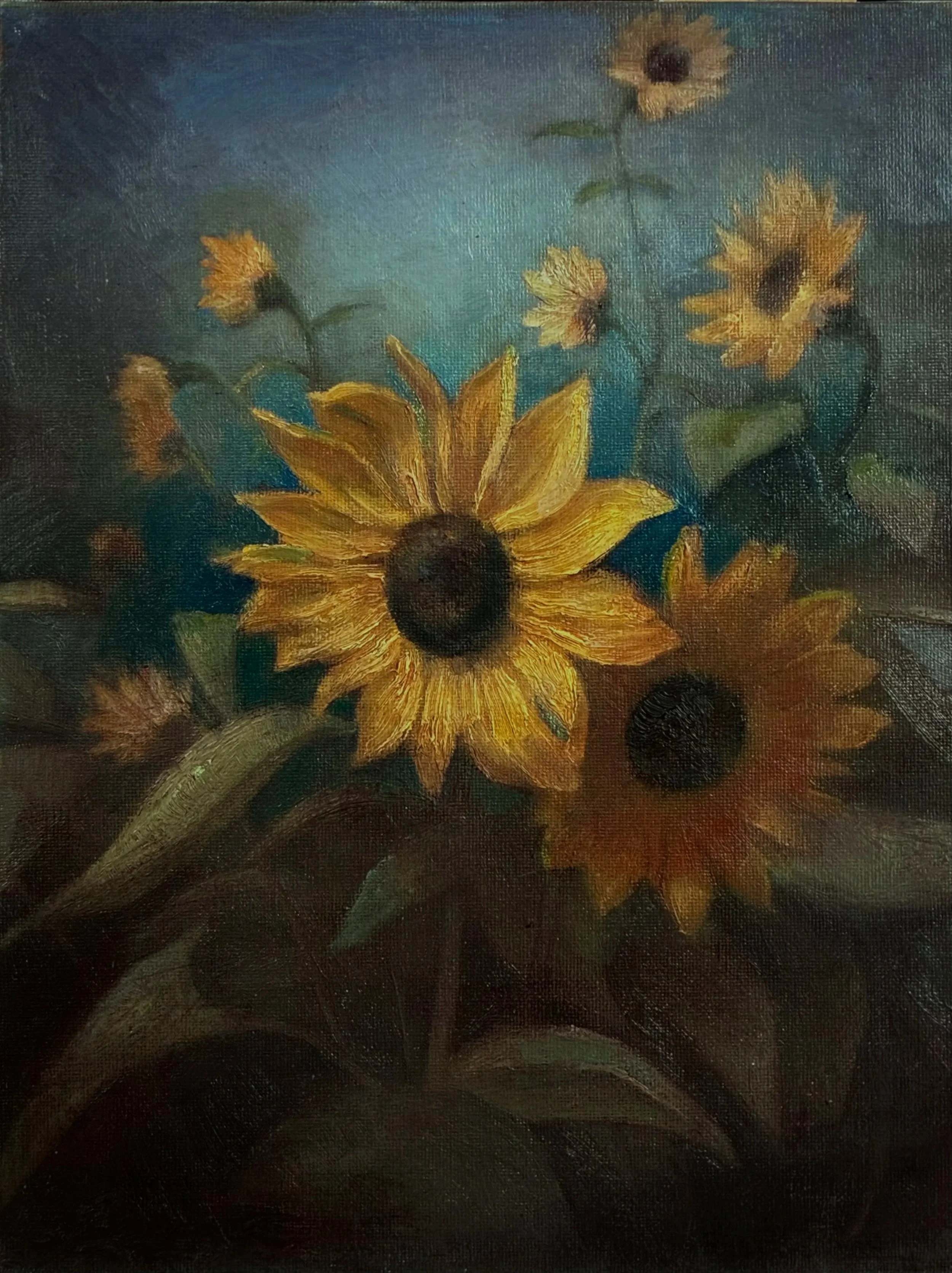 'A Drama of Sunflowers'
9x12 inch    Oil paint on canvas board
400$