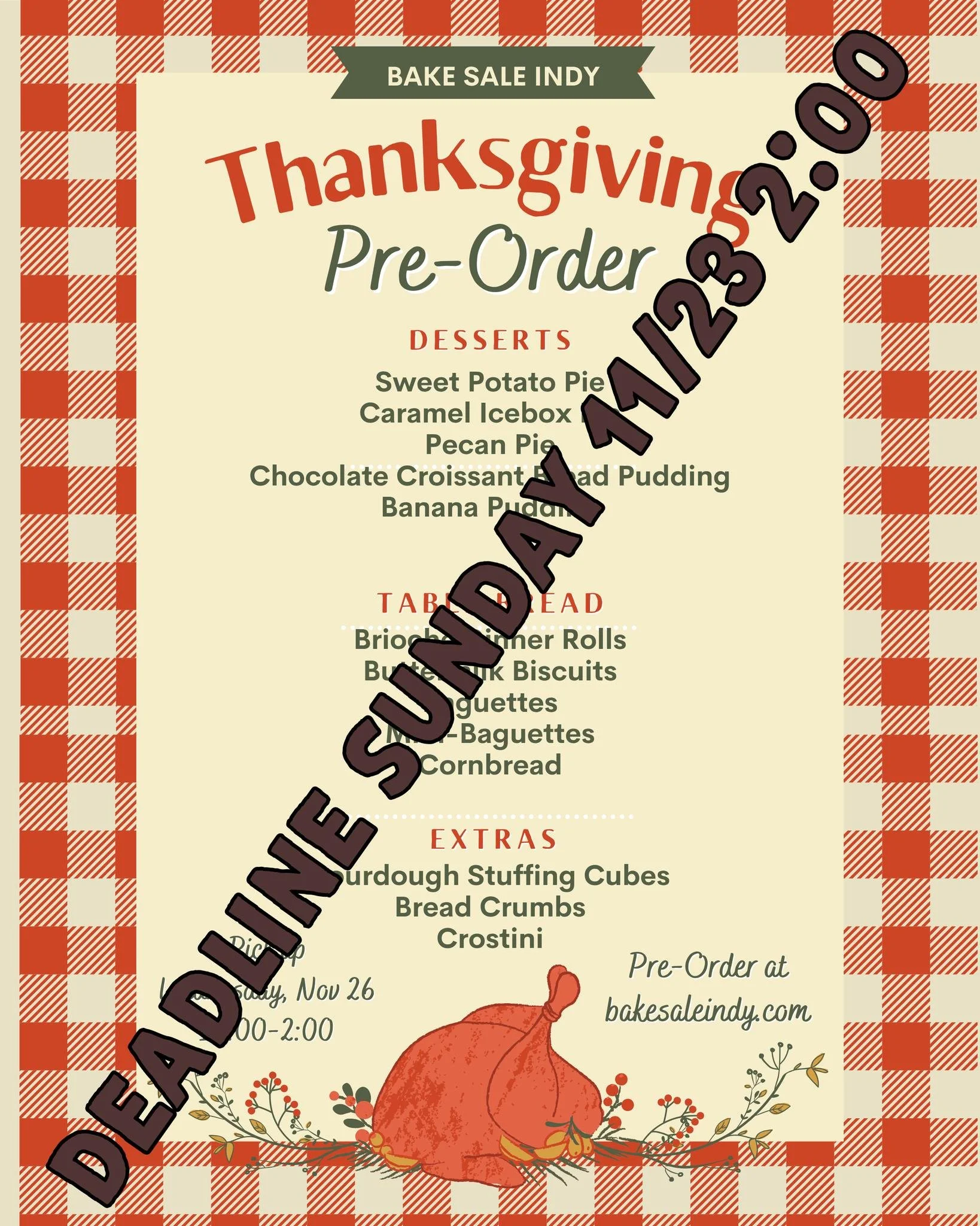 One week left to make your Thanksgiving pre-order!  We have seasonal desserts and table bread along with all your favorite sourdough loaves and classic croissants. Pick up Wednesday 11/26 from 10-2.