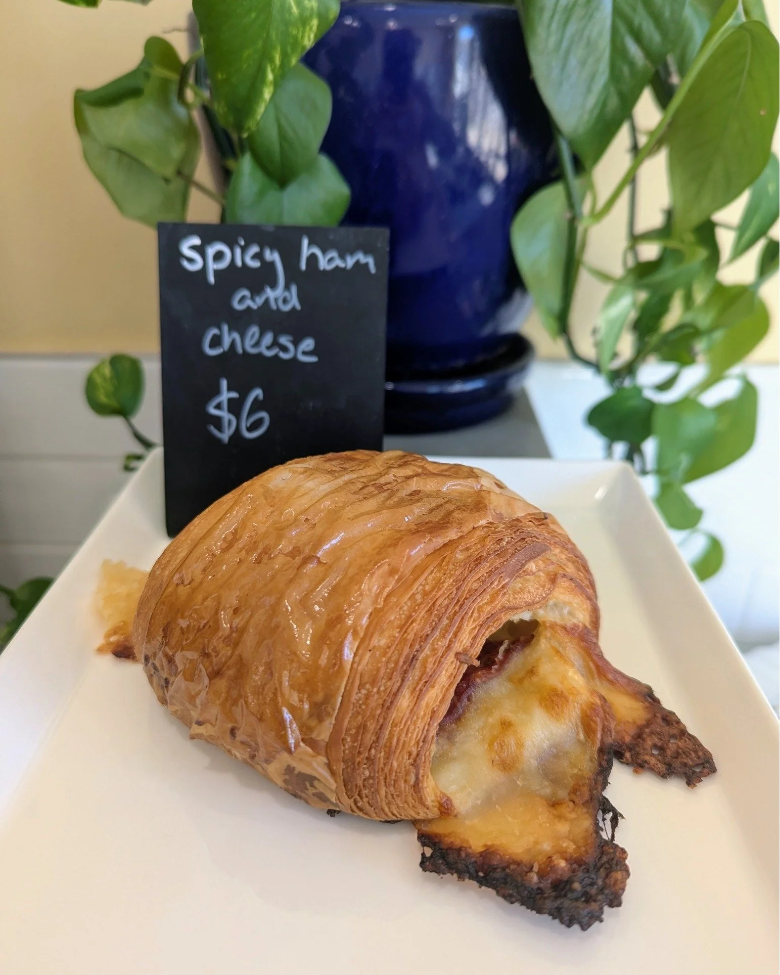 You can find our spicy ham &amp; cheese croissant at both the @brfarmersmarket and at the storefront! Stuffed with sliced capocollo, smoked mozzarella, and good Italian provolone, this savory pastry hits the spot.