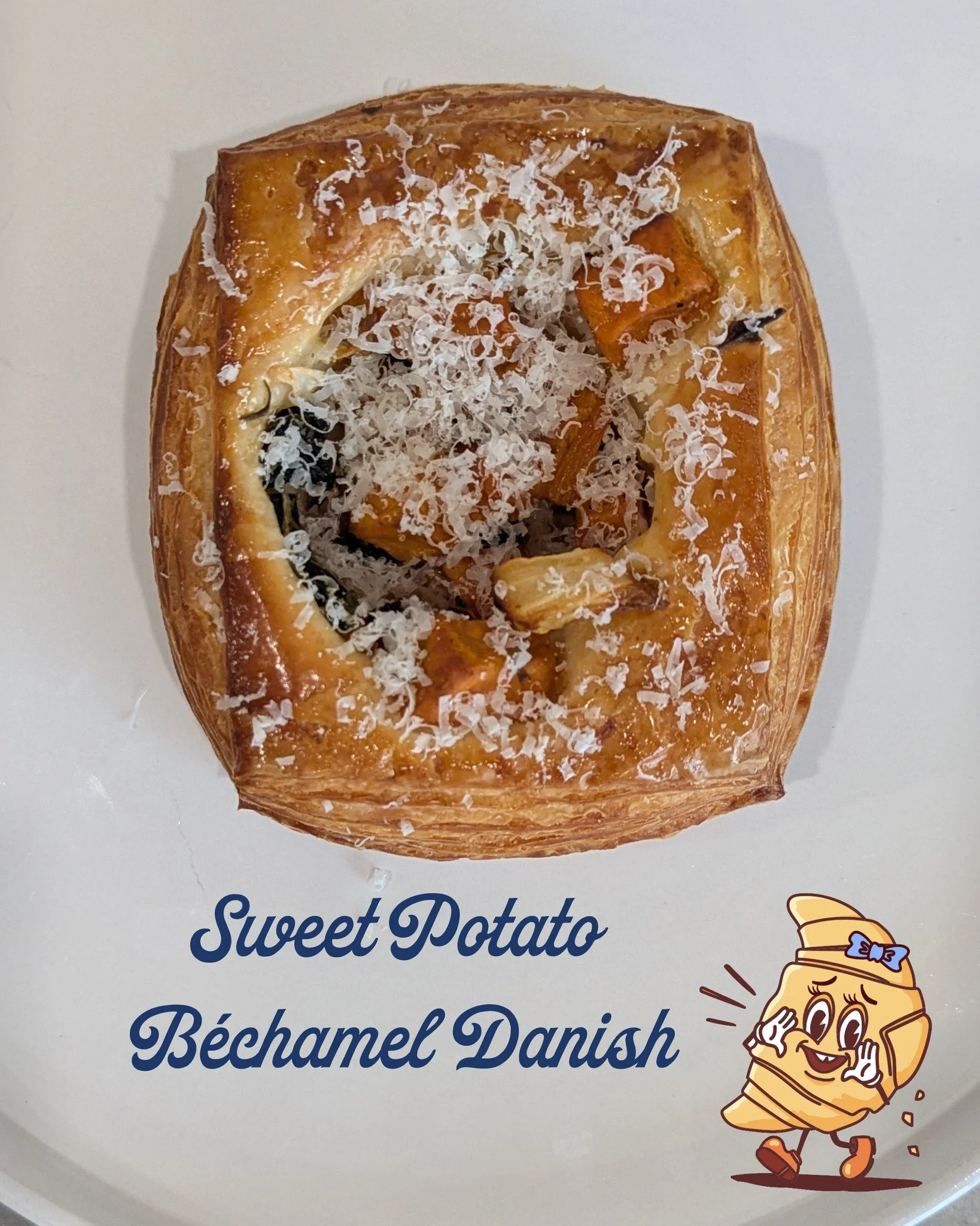 Have you tried our current vegetarian savory danish? It's got roasted sweet potatoes, onions, and poblanos, with b&eacute;chamel (creamy goodness) sauce, finished with parmesan.