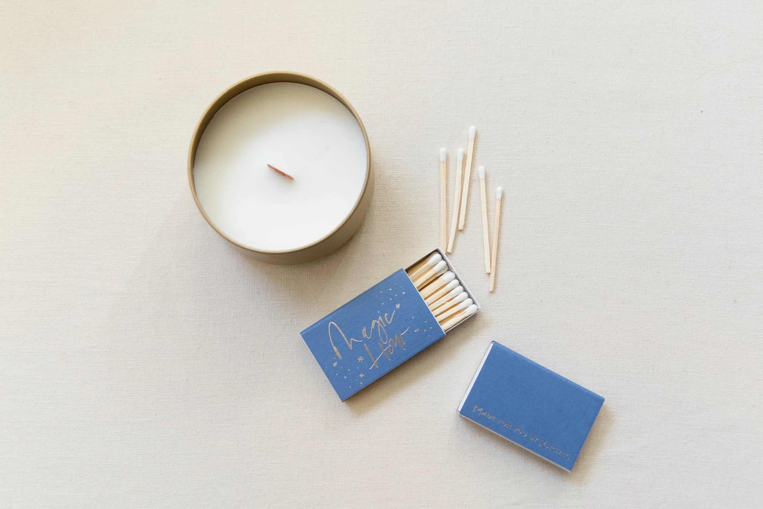 Custom Candle and Blue Matchbook with Gold Foil
