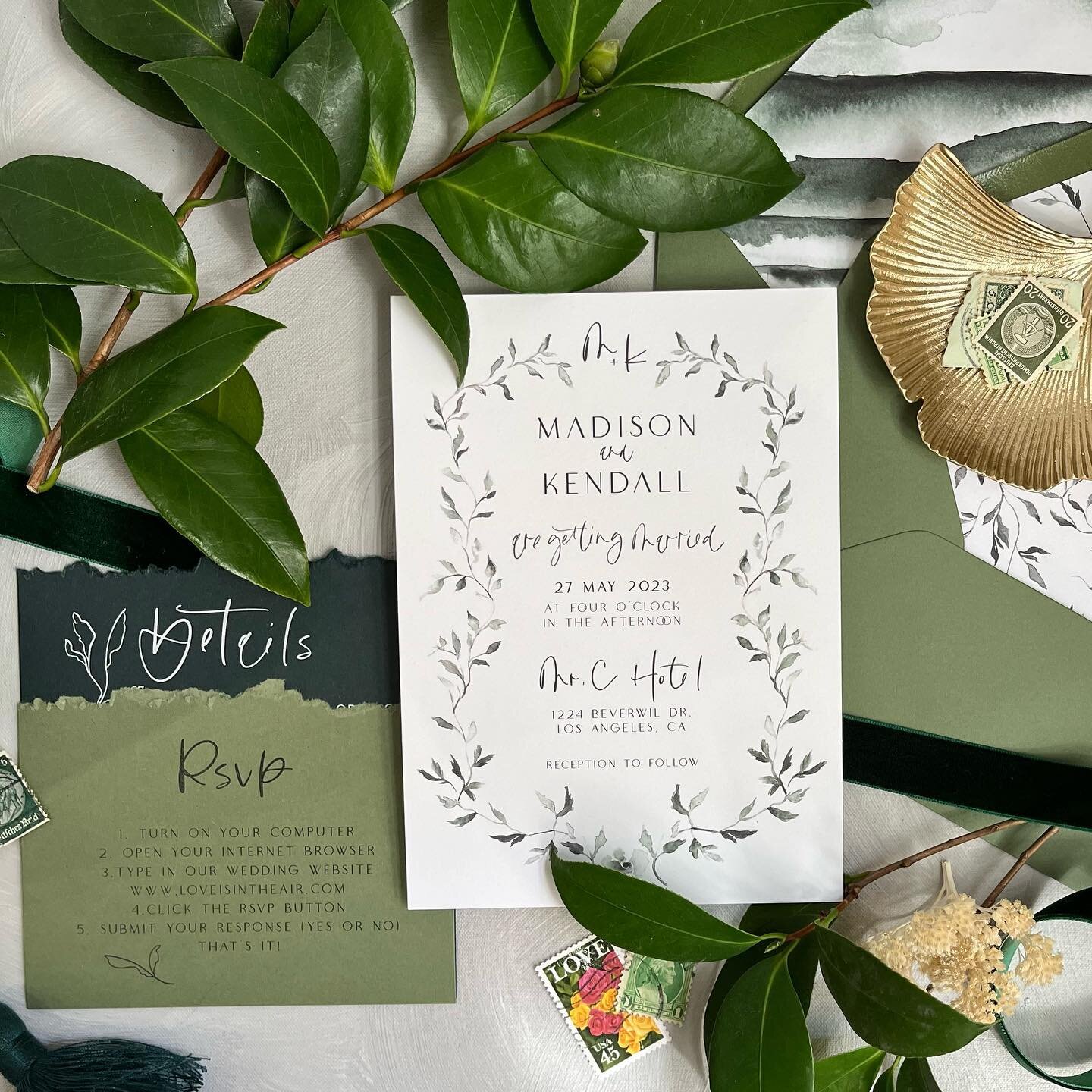 A greenery semi-custom invitation suite inspired off of my own wedding invite.

Coming soon.

What is a semi custom wedding invitation?
A pre designed and unique invite with select customizations. Like your information. Hand-lettered elements like yo