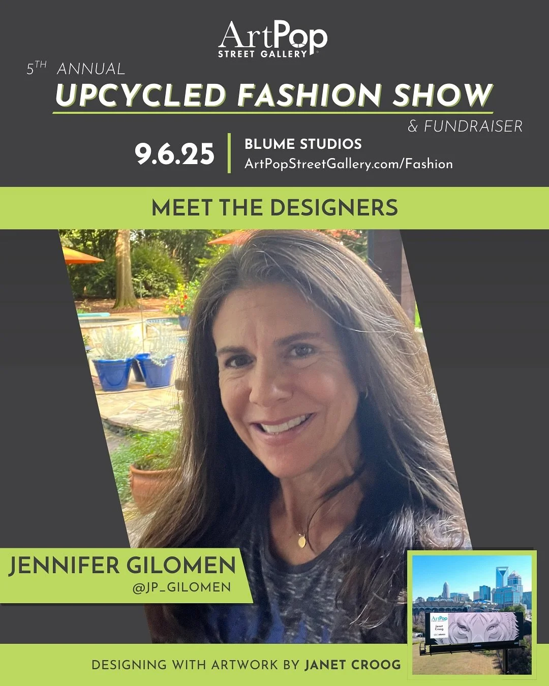 The 5th Annual Upcycled Fashion Show &amp; Fundraiser is right around the corner! Be there September 6 at @blumestudiosclt 
Jennifer Gilomen returns to create for the ArtPop runway, transforming Janet Croog&rsquo;s retired billboard artwork into cout