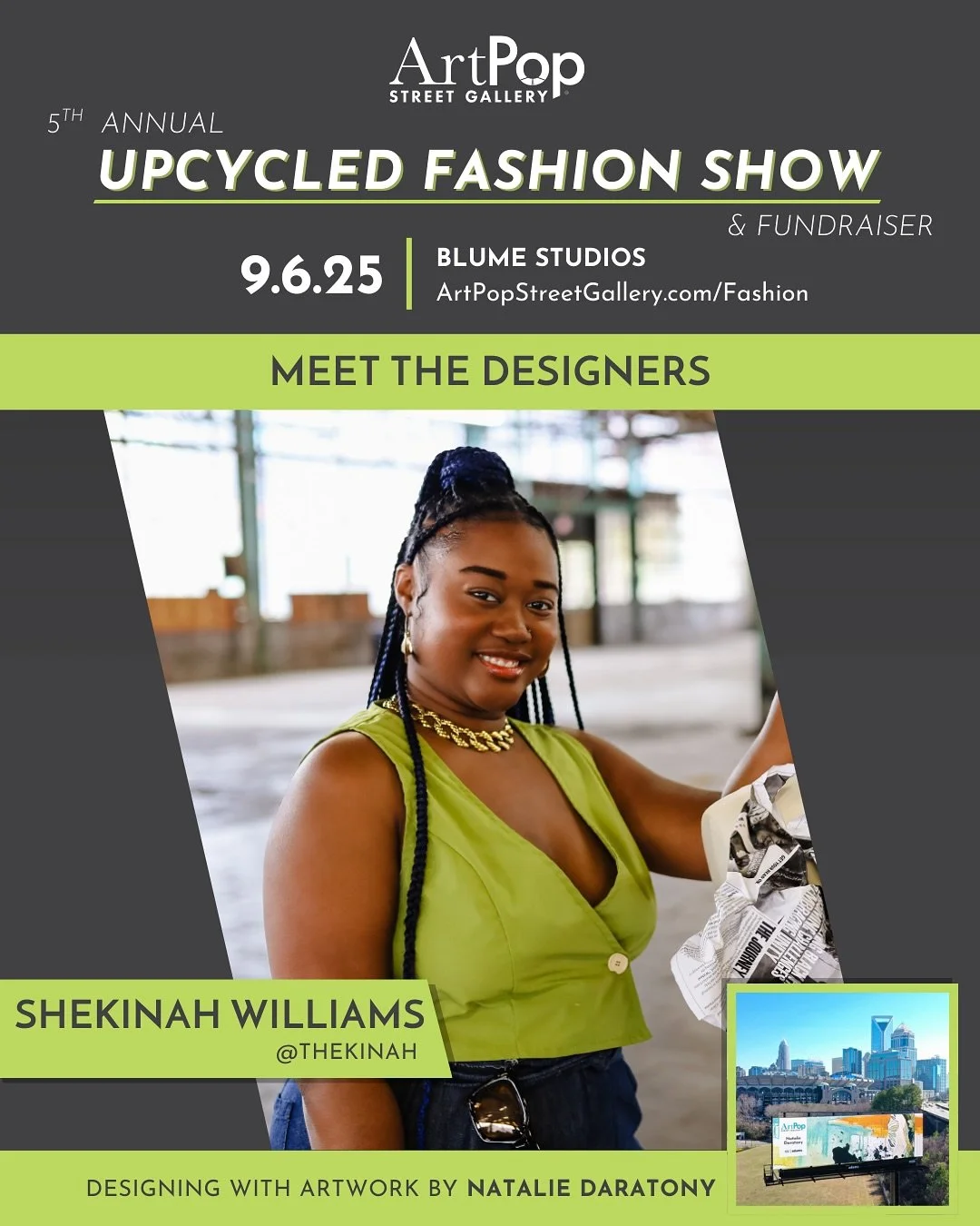 Get your tickets now for the 5th annual Upcycled Fashion Show &amp; Fundraiser, Sept 6 at @blumestudiosclt ! VIP starts at 5pm, and the main event at 6!
Designer and Upcycling master @thekinah returns to the ArtPop Runway for her second go round. @aj