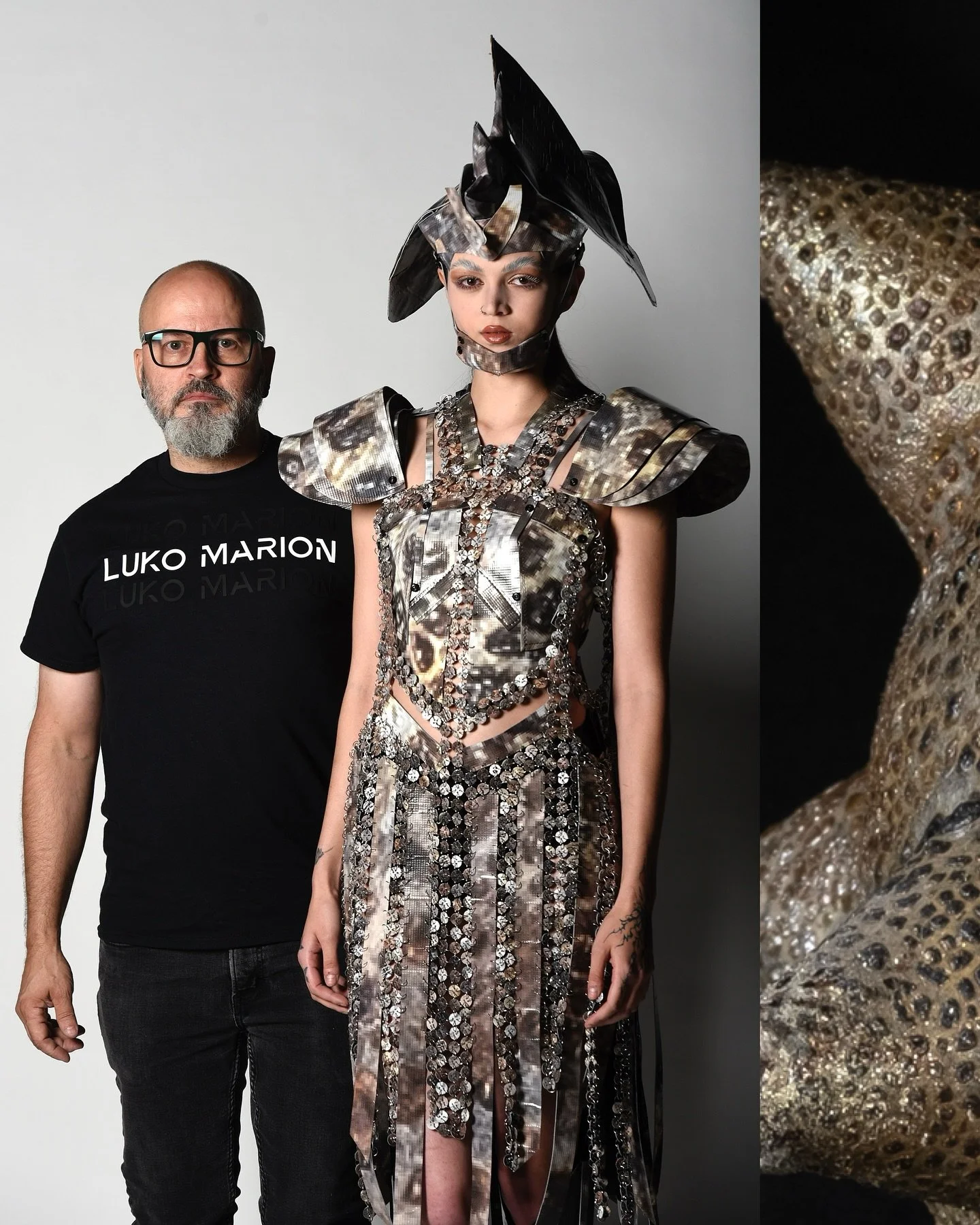 Next up in the recap of the 2025 Upcycled Fashion Show we have returning designer @lukomarion with his frequent collaborator, model @sieyuhnow 

The medieval metallic flail from #ArtPopCLT 2024 artist Aba Hutchison&rsquo;s @styleboundart bilboard vin