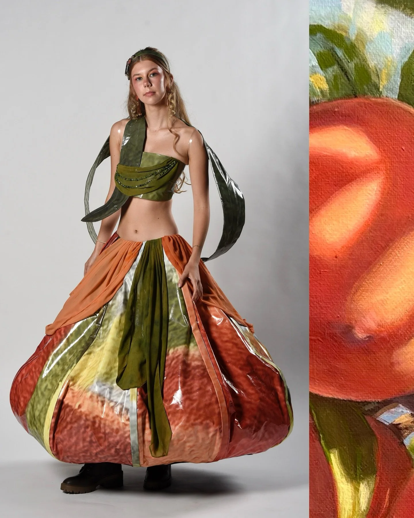 Only a few designs left to share in the #FashionFriday recap of the 2025 Upcycled Fashion Show. 
The next work comes from college artist Hope Gottschling ( @hope.gwyn ) , as both designer and model.
&nbsp;
Hope&rsquo;s design creates a luxurious peac