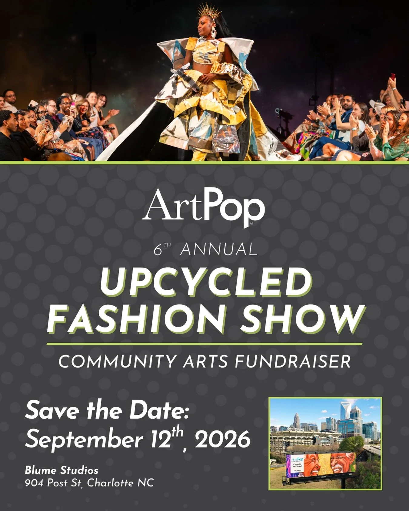 Save the date for the 6th Annual Upcycled Fashion Show and Fundraiser! 
We&rsquo;re planning the biggest event yet for Sat Sept 12th at @blumestudiosclt and you don&rsquo;t want to miss this! 

Turn on notifications to be the first to secure your tic