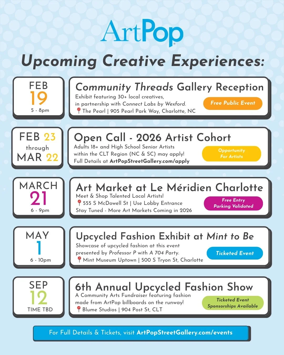Our calendar is filling up with engaging events and opportunities you won&rsquo;t want to miss! Save this post and share it with the art lovers in your life! 

First up: Community Threads exhibit at @thepearlclt in partnership with @connectlabs.wexfo
