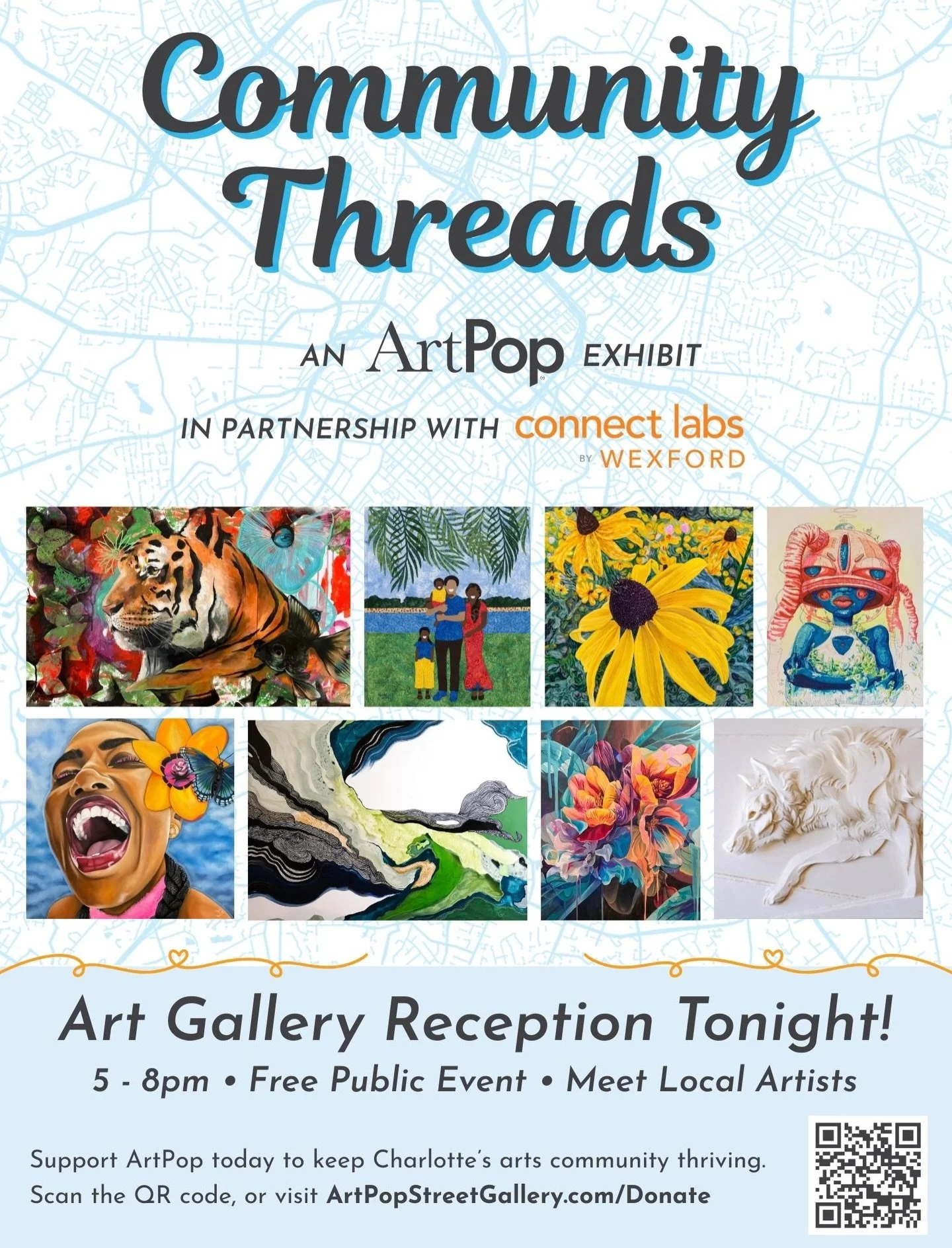 Tonight! Join us for the free public reception for Community Threads. 5-8pm at #ConnectLabsCharlotte - within @thepearlclt 
Light bites and beverages generously provided by @connectlabs.wexford 

Parking will be available in the garage at 210 Innovat