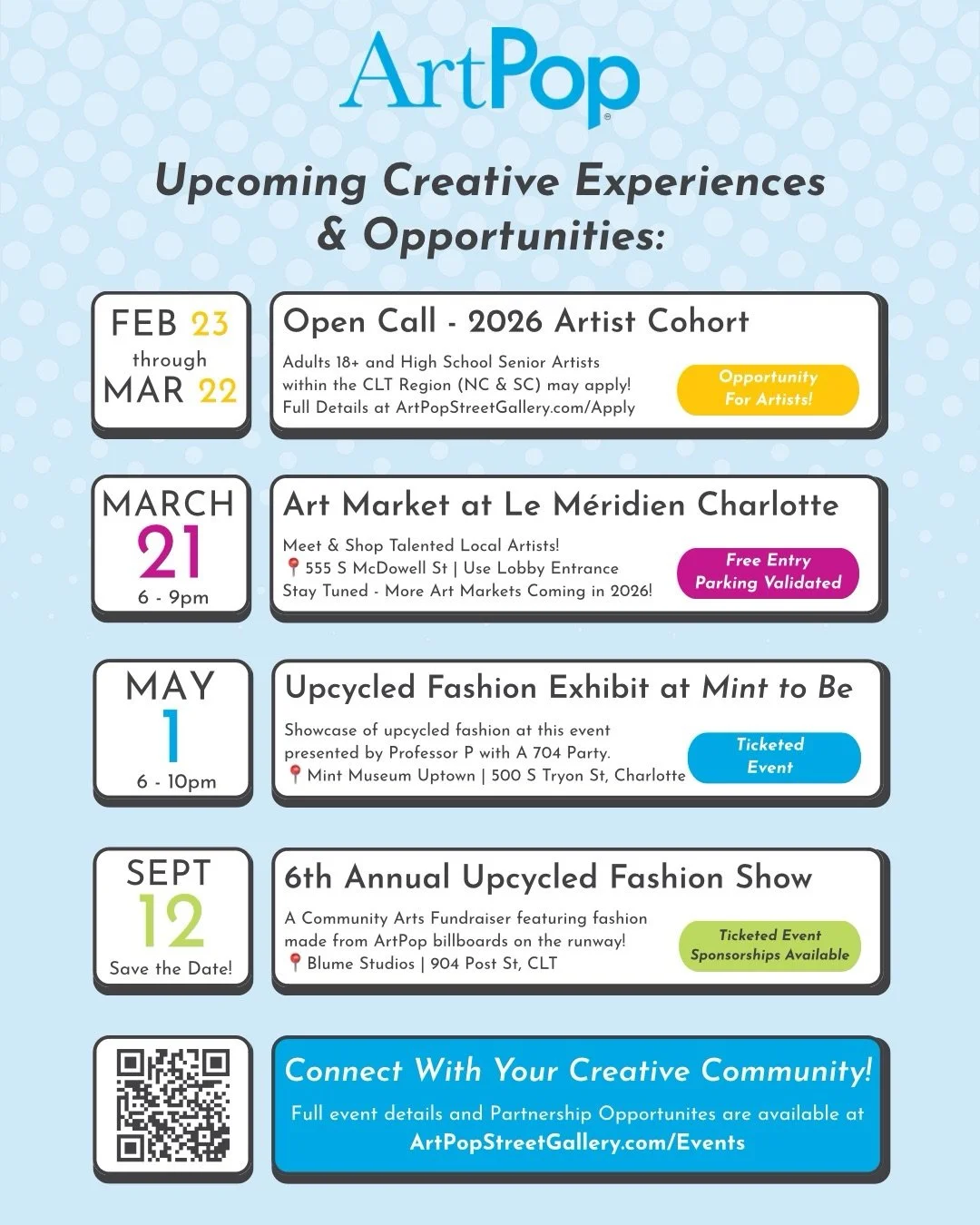 Save this post and mark your calendars! These upcoming events are not to be missed. Opportunities, connections, and experiences are right around the corner. 

Monday!:
The Artists Cohort Open Call begins Mon Feb 23 and runs through Sun Mar 22.

ArtPo