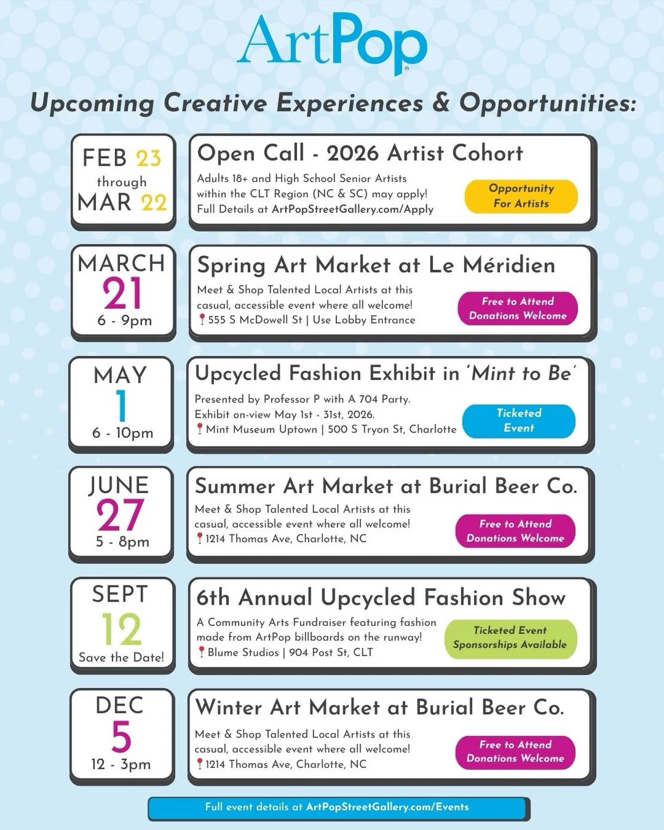 Save this post and mark your calendars! These upcoming events are not to be missed.

Opportunities, connections, and experiences are right around the corner.

The Artists Cohort Open Call runs through Sun Mar 22.
ArtPopStreetGallery.com/apply

Next p