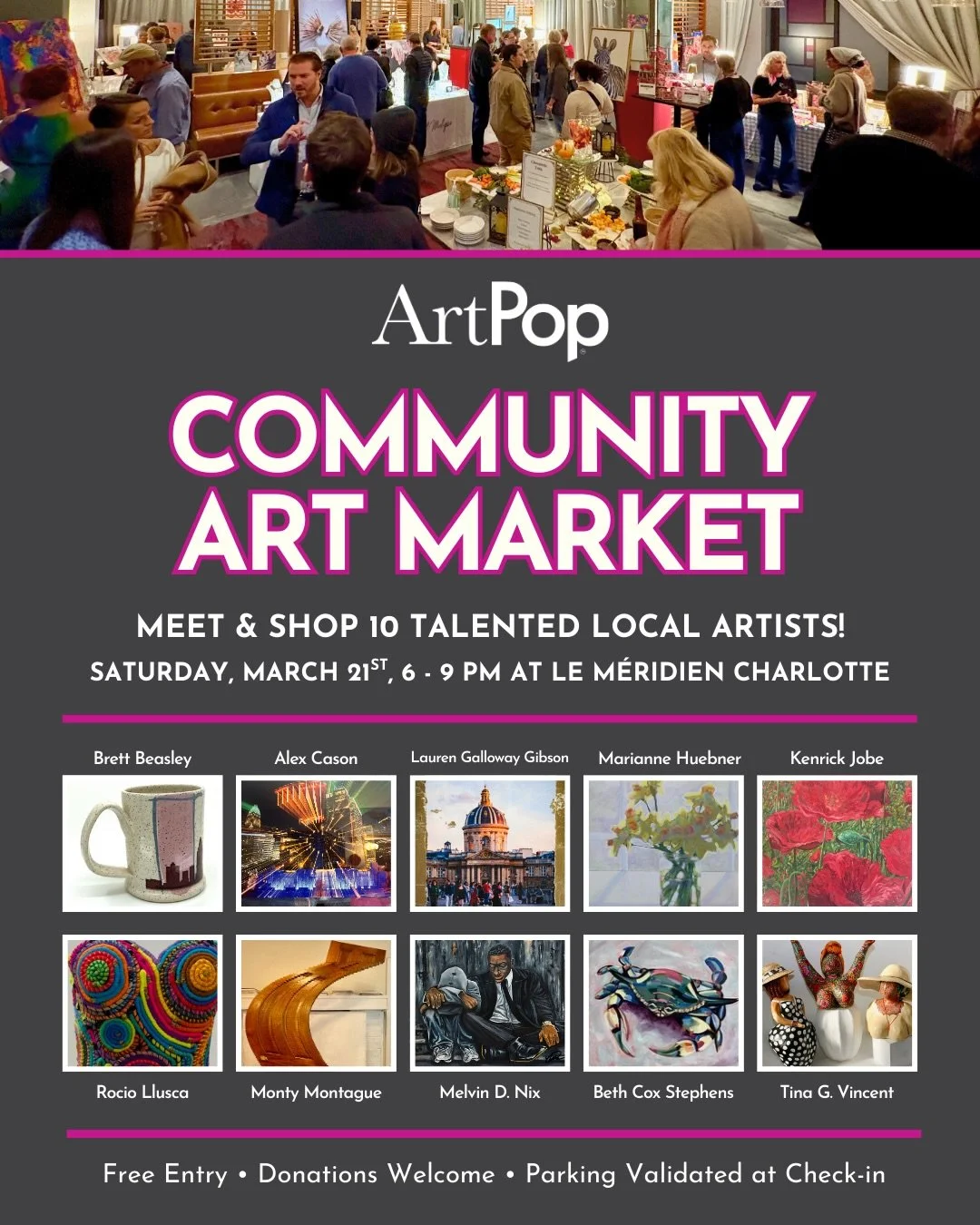 Join us in one week for the Community Art Market at @lemeridiencharlotte Meet and shop with 10 artists including recent addition, photographer Lauren Galloway Gibson ( @studiodisarlo )

6-9 pm March 21 📍 @lemeridiencharlotte 
Free Parking validated 