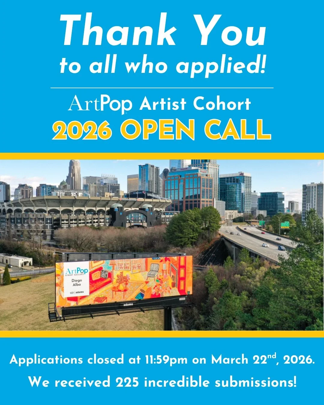 Thank You to all who applied to the 2026 Artist Cohort!
Applications closed at 11:59pm on March 22nd, 2026, and we received 225 incredible submissions! All eligible submissions will be blind-reviewed by our 2026 jury panel. This process will take a f