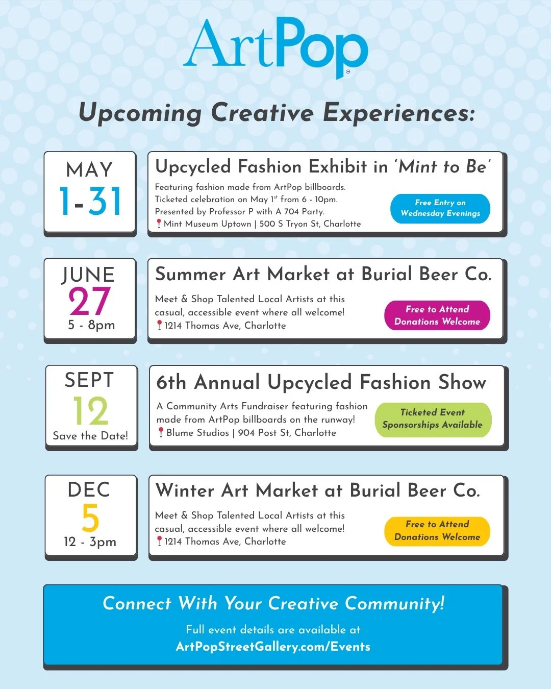 What an incredible year so far connecting artists and community, but we&rsquo;re just getting started! Mark your calendars for these upcoming Charlotte events full of fashion, art, and the creatives who bring it all to life. 

@minttobeclt at the @th