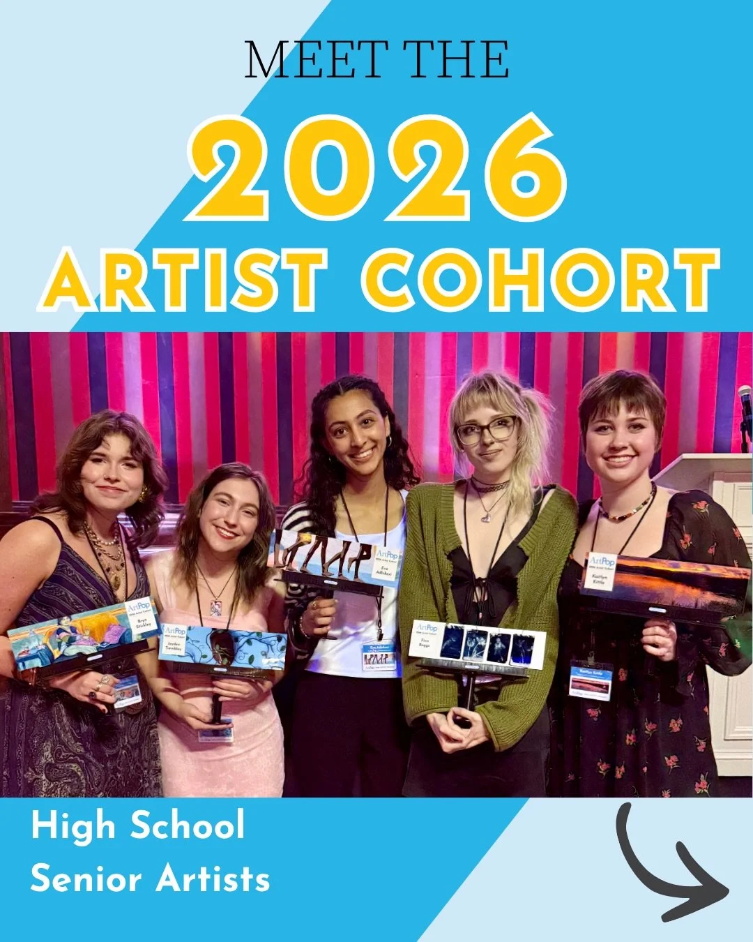 Let us FORMALLY introduce you to the High School Senior artists of the 2026 #ArtPopCLT Artist Cohort!

Students

Finn Boggs @cowboys_with_cameras 
Mecklenburg County

Bryn Stickley @very_bryn_art 
York County

Jayden Tremblay @jaydendoes.art 
Union C