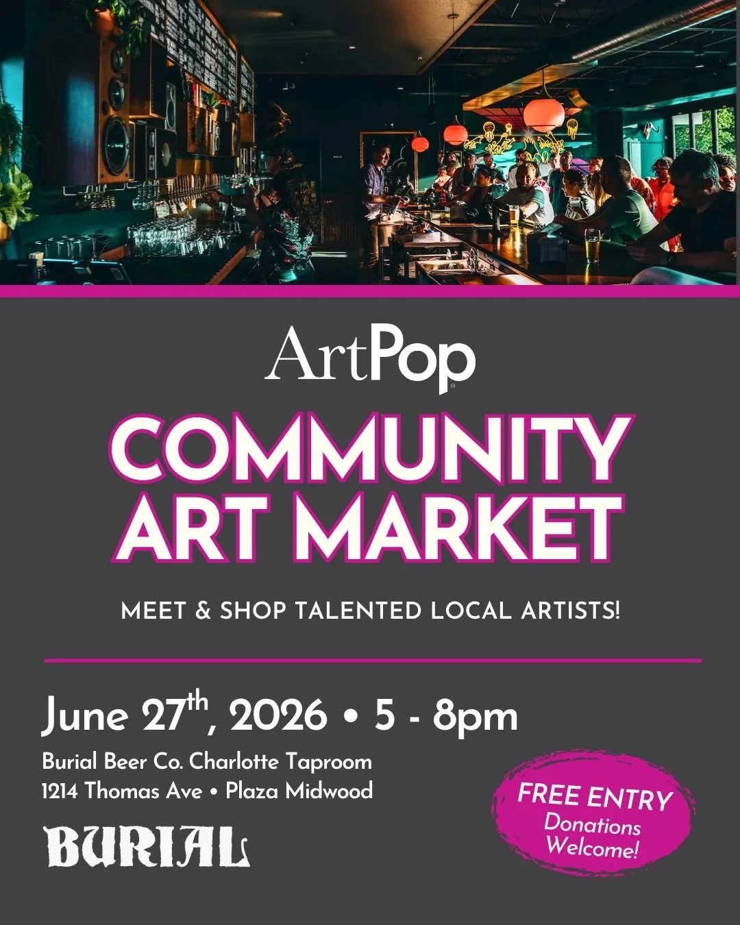 Join us June 27 - 5:00-8:00 pm at @burialclt 
Eight of the 2026 Cohort artists will have art on display and for sale including fiber art, paintings, stained glass &amp; more! 

Connect with local artists and shop original artworks at our very first C