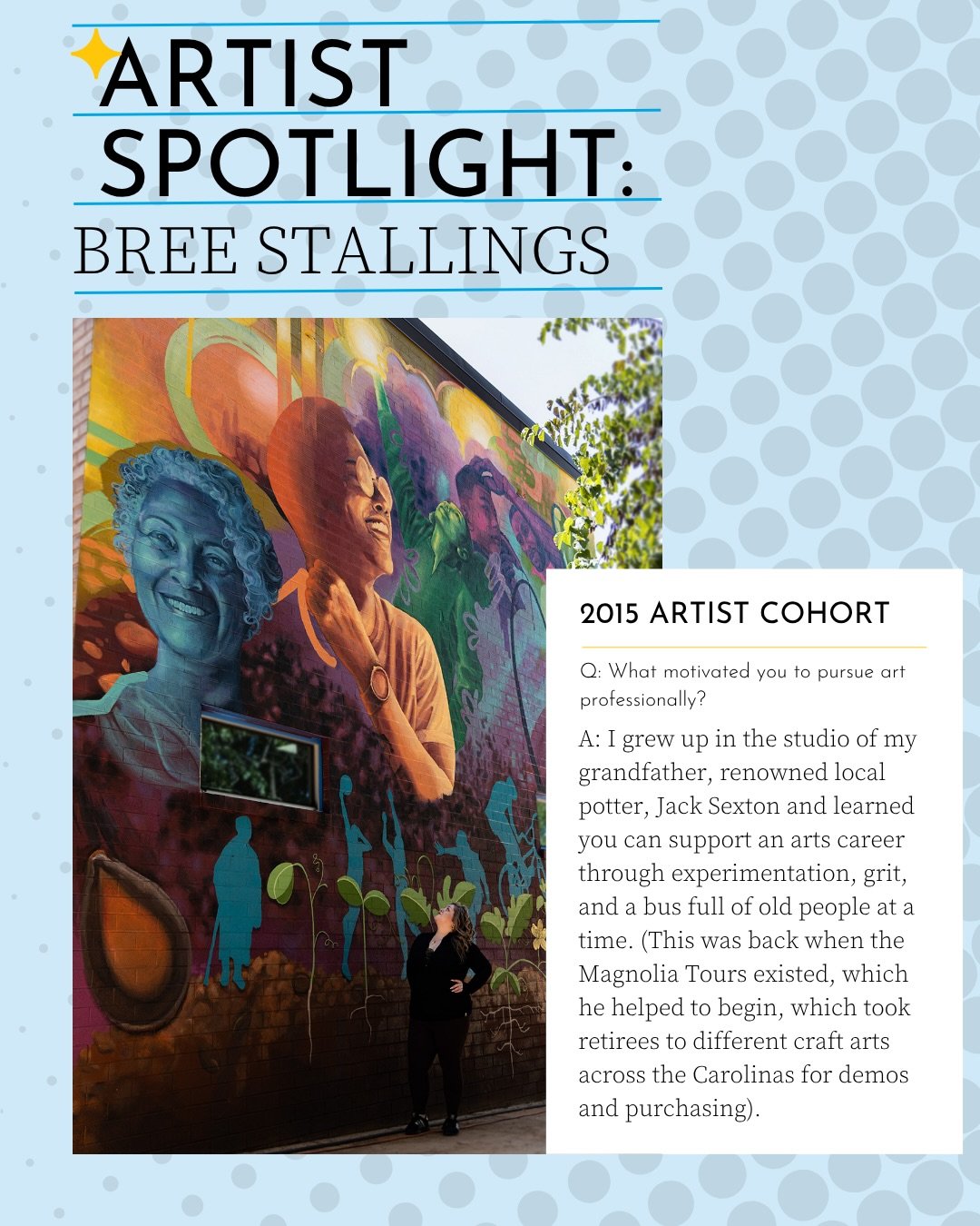 We asked 2015 #ArtPopCLT Cohort Artist and community connector @breestallingsart about her creative practice and experience with the Charlotte Art community. Swipe through to hear her thoughts.

Be sure to catch Bree tomorrow at the @artsmountholly A