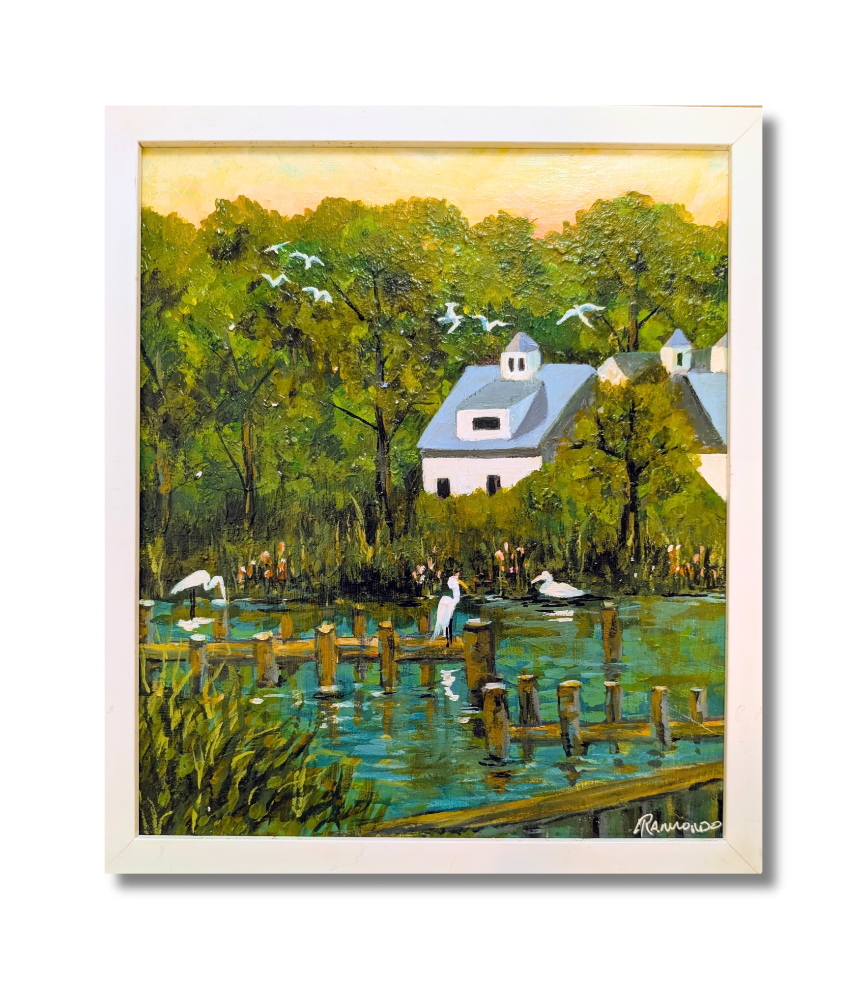 Waterfront Park is an original 15 x 13 framed painting of a quaint park in St Michael's MD