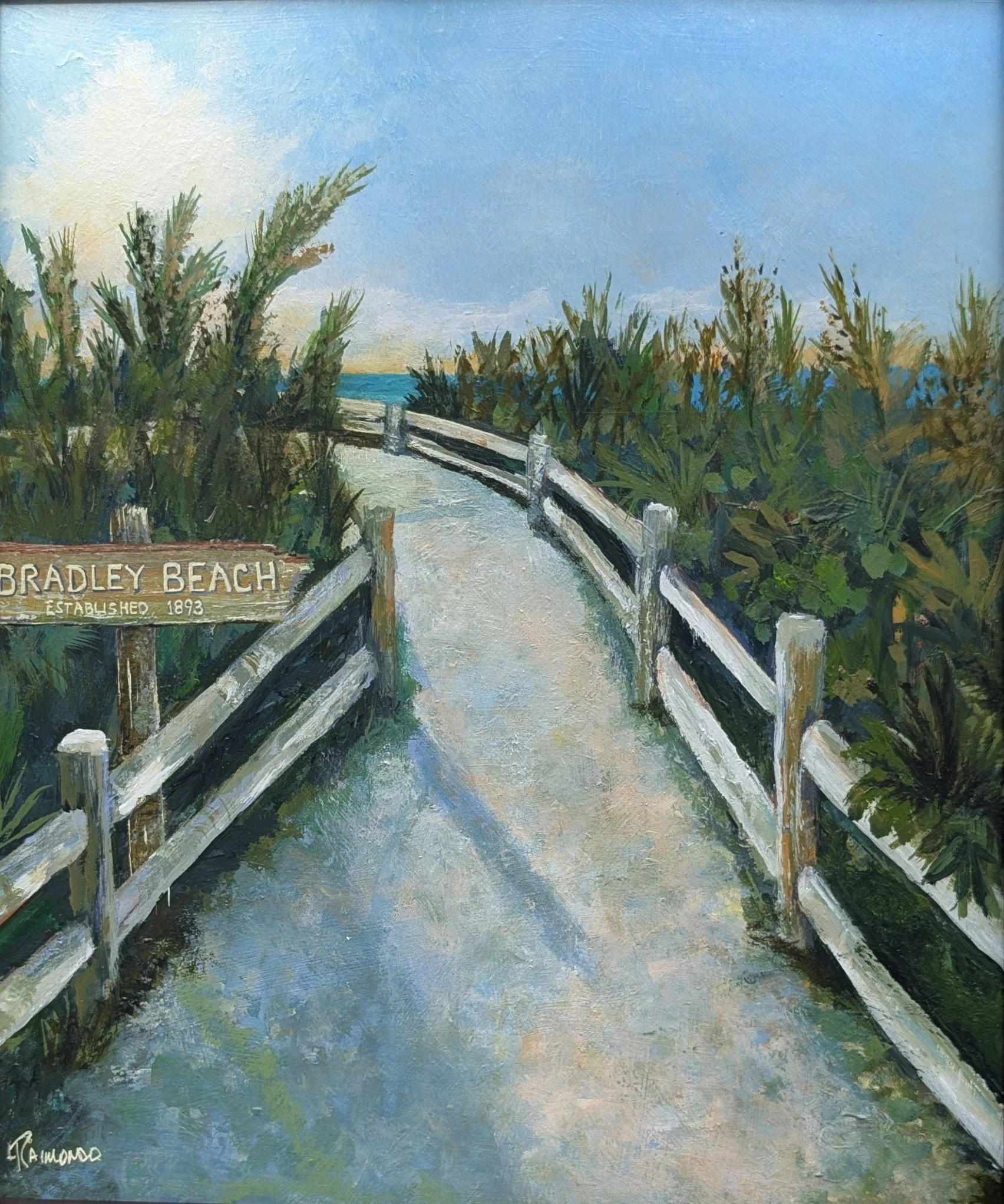 A painting of a winding pathway through dense green bushes leading to the ocean under a blue sky with white clouds. The scene is peaceful with vibrant natural colors.