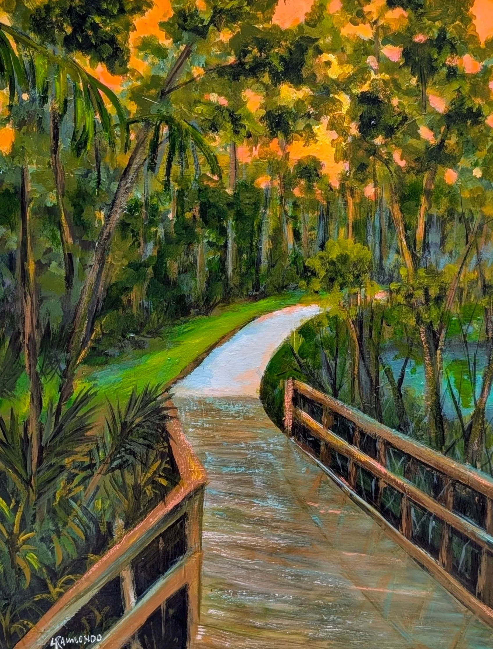 Painting of a lush green forest with tall trees, a small winding river, and a wooden bridge, under a colorful sky at sunset.