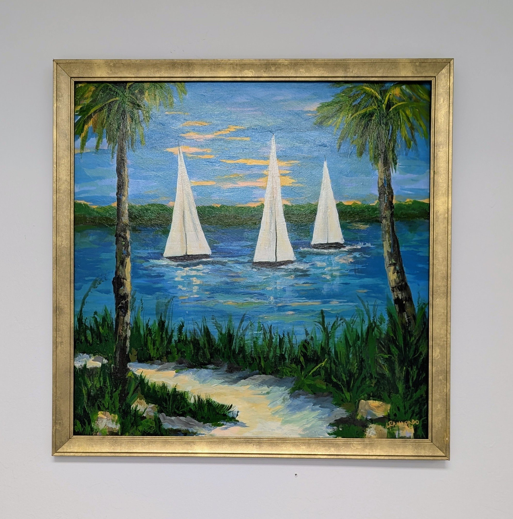 Rendezvous is an original 28 x 28 framed painting of sailboats on a sunny dayg