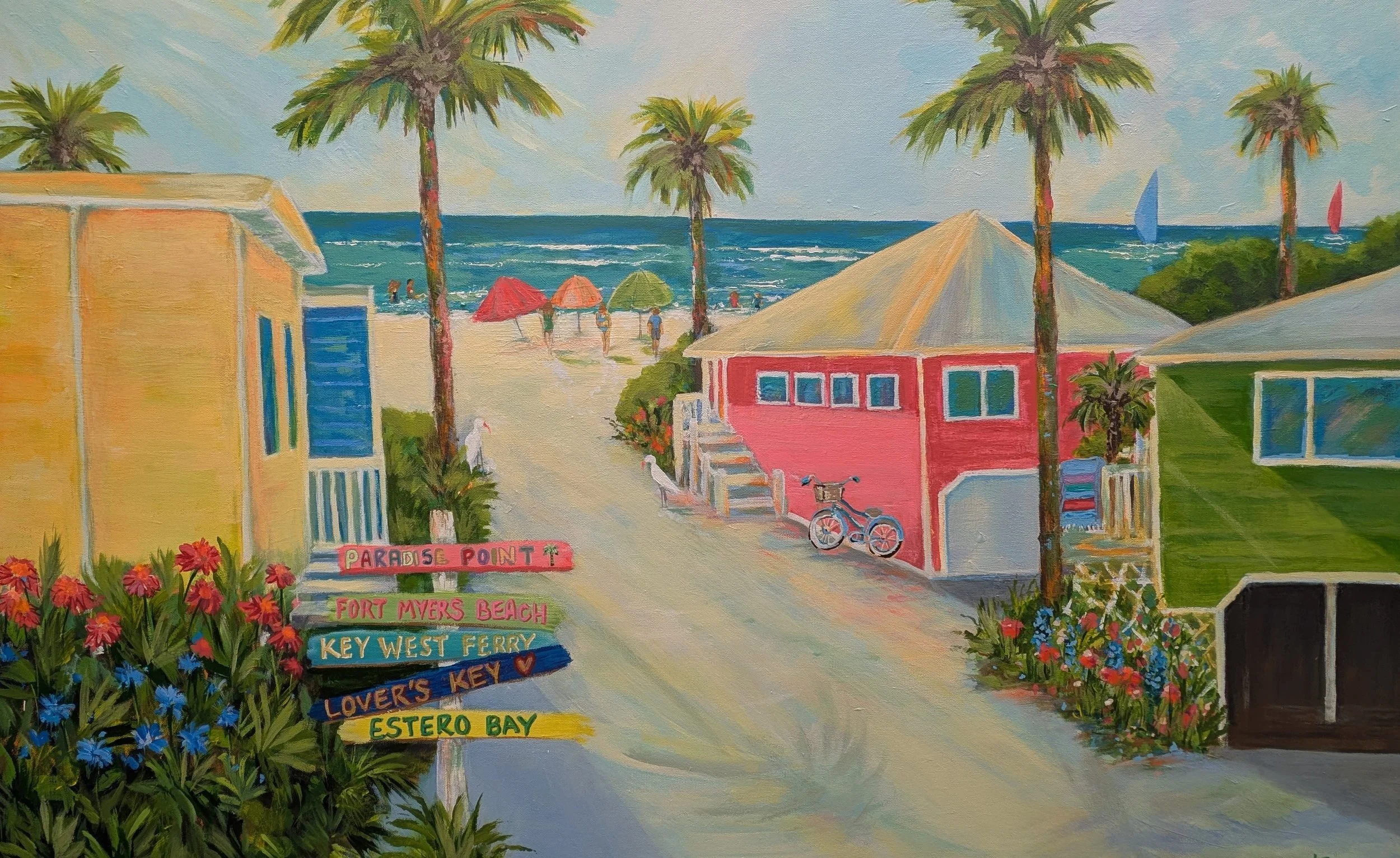 A colorful painting of a beach scene at Paradise Point, Fort Myers Beach, with palm trees, beach umbrellas, and people on the sand. There are small houses with vibrant colors and a signpost listing nearby locations like Key West, Lover's Key, and Estero Bay, with sailboats in the water.