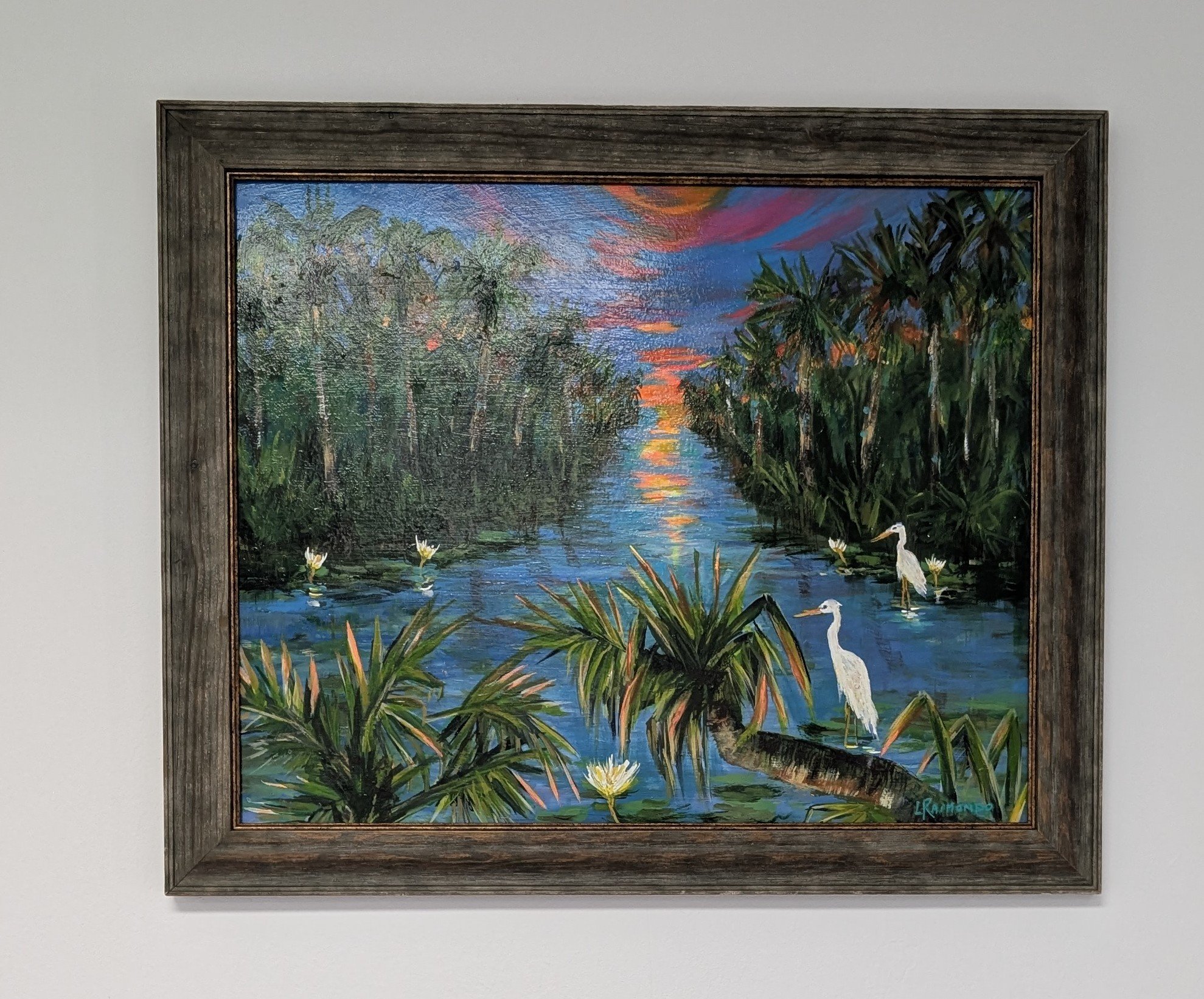 Twilight Zone is an original 25:x 30 painting of a vibrant sunset with Florida birds and palm treest