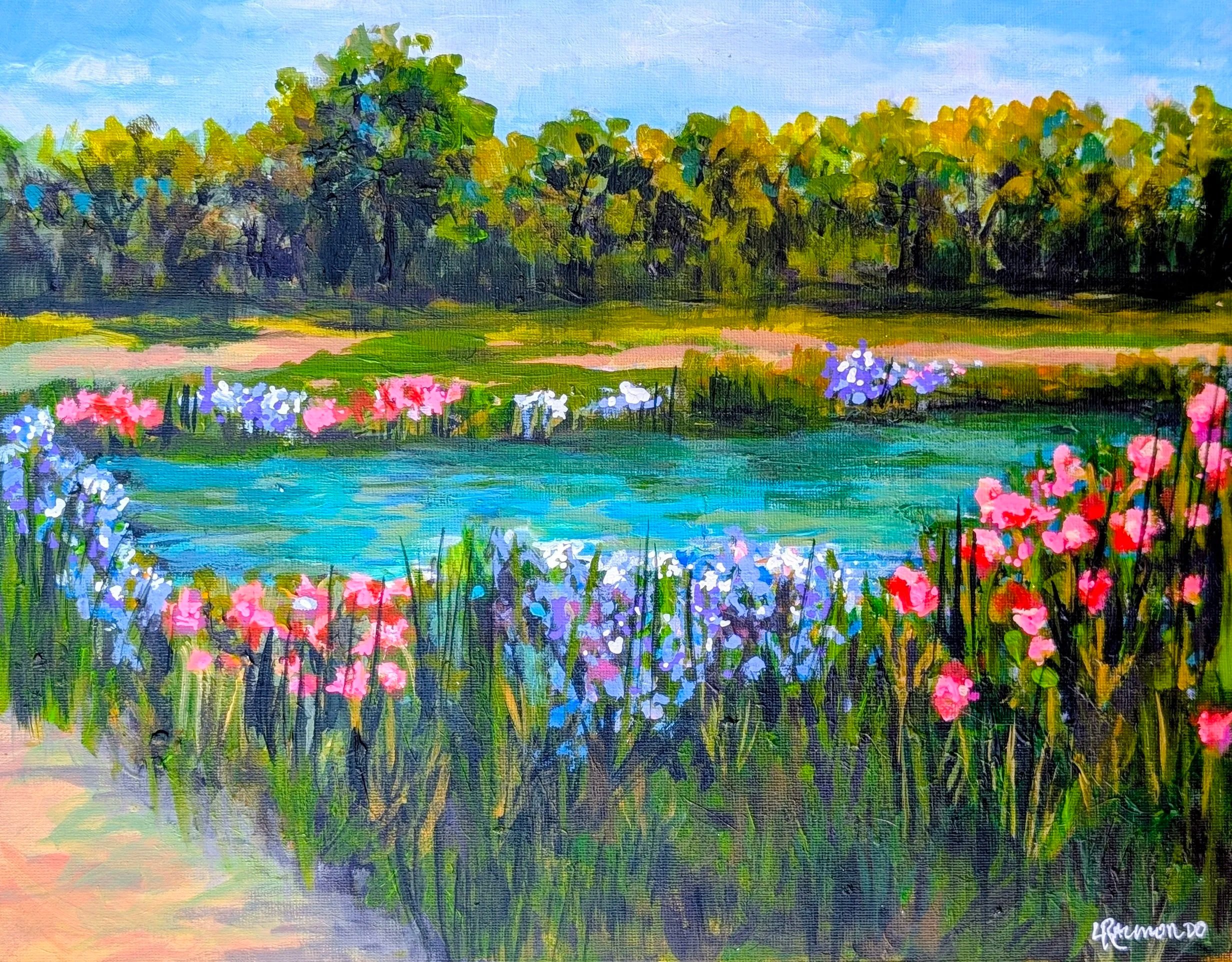 A digital painting of a landscape featuring a vibrant pond with colorful flowers in pink, purple, and white in the foreground, green grass, and a dense cluster of trees with yellow and green foliage under a blue sky in the background.