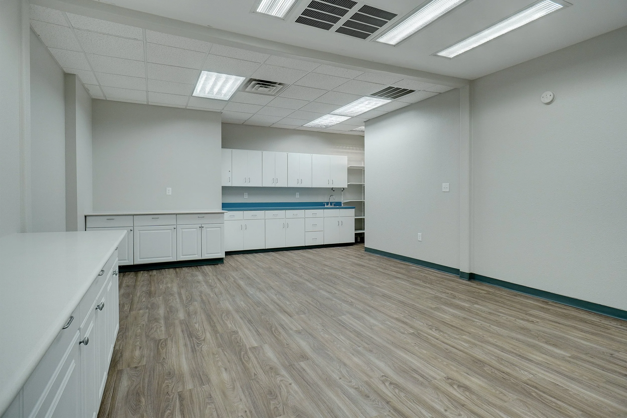 Open office interior with built-in counter, wood-look flooring, and overhead lighting at 425 Westpark Way in Euless, Texas.