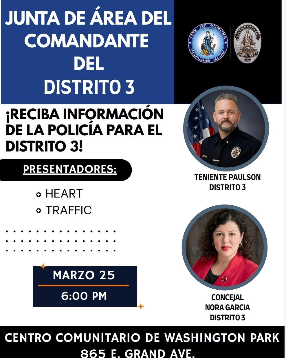 En una forma de apoyo a la comunidad la policia de Pomona estara contestando preguntas y compartiendo valiosa informacion para ustedes en conjunto con nuestra concejal Nora Garcia del distrito 3 los esperamos hoy a las 6pm compqrtan y apoyen Pomona P