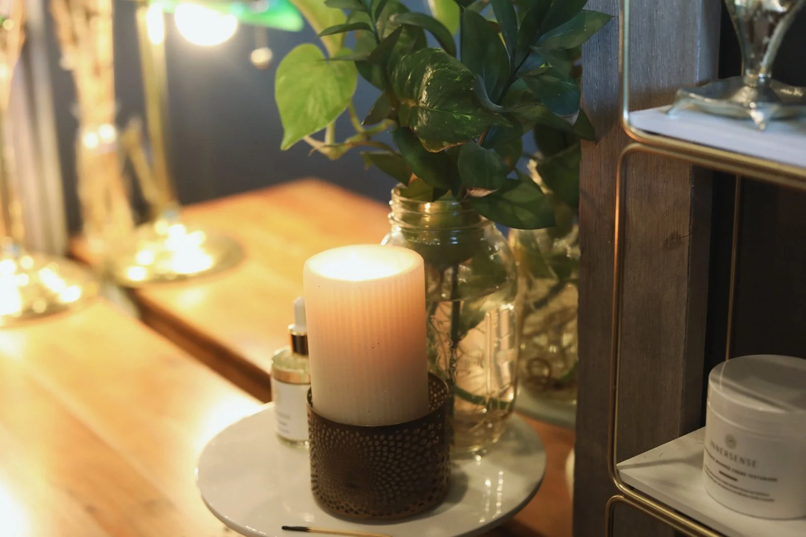 Candle lit with plant and bunny holder.jpg